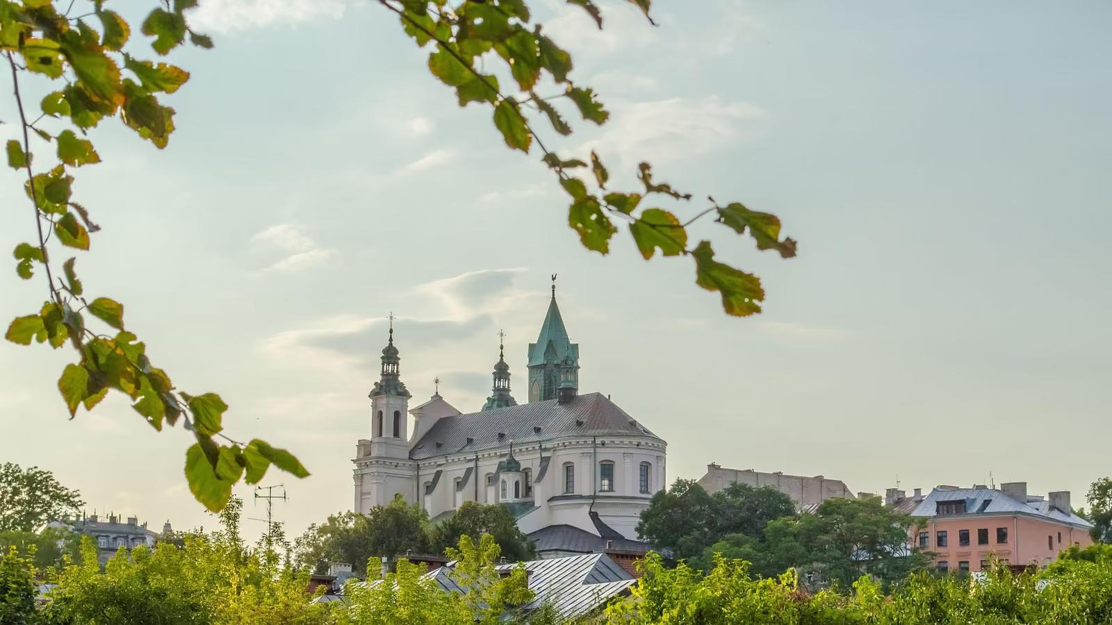 Panorama Lublina z wieżami kościołów wśród zieleni