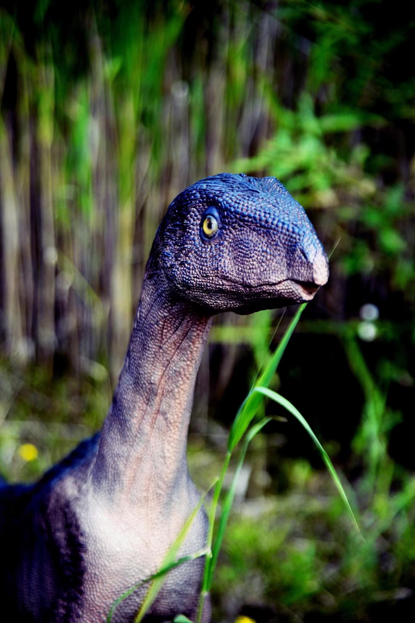 Model dinozaura wśród traw w JuraParku w Bałtowie