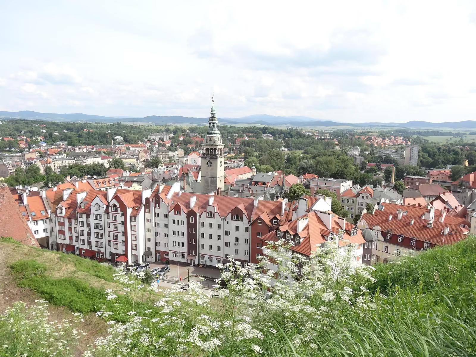 Panorama Kłodzka z wieżą ratusza i czerwonymi dachami