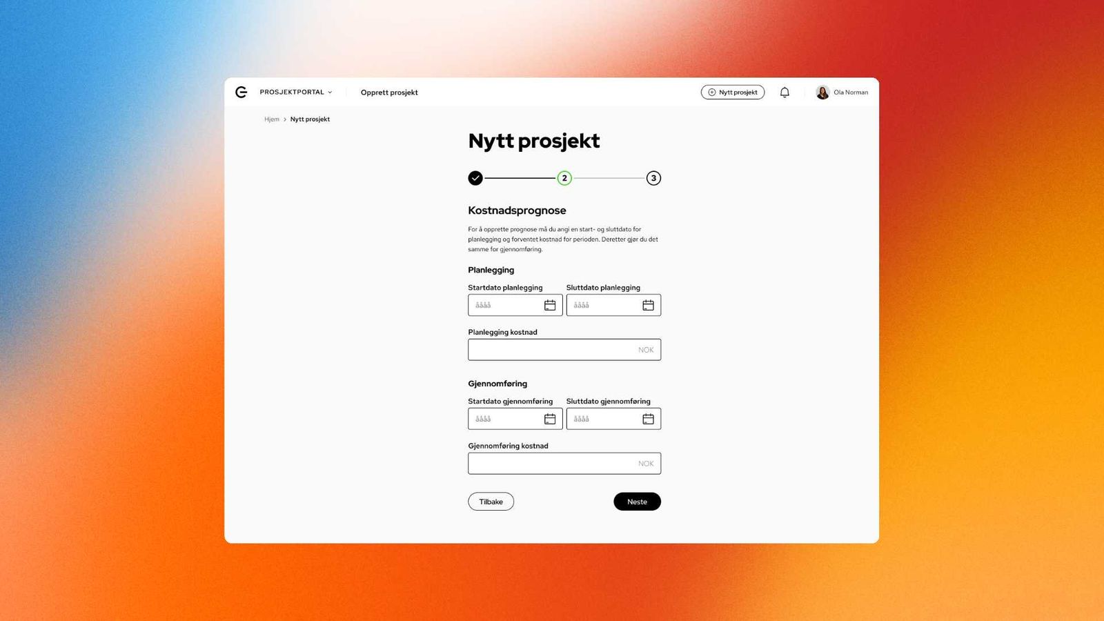 Skjermbilde av veiviseren for å opprette nytt prosjekt i prosjektportalen.