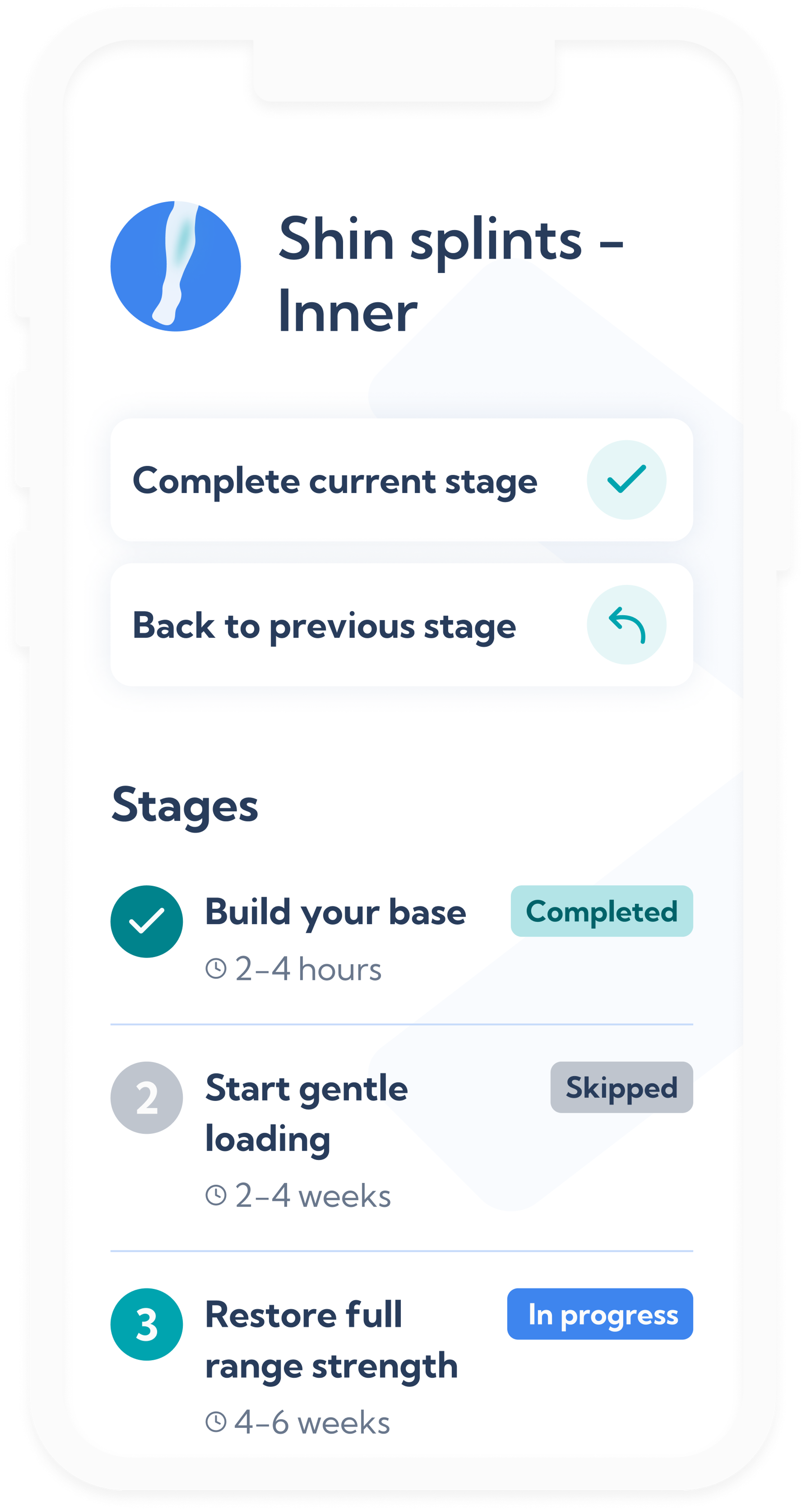 Medial shin splints plan overview screen in the Exakt Health app.