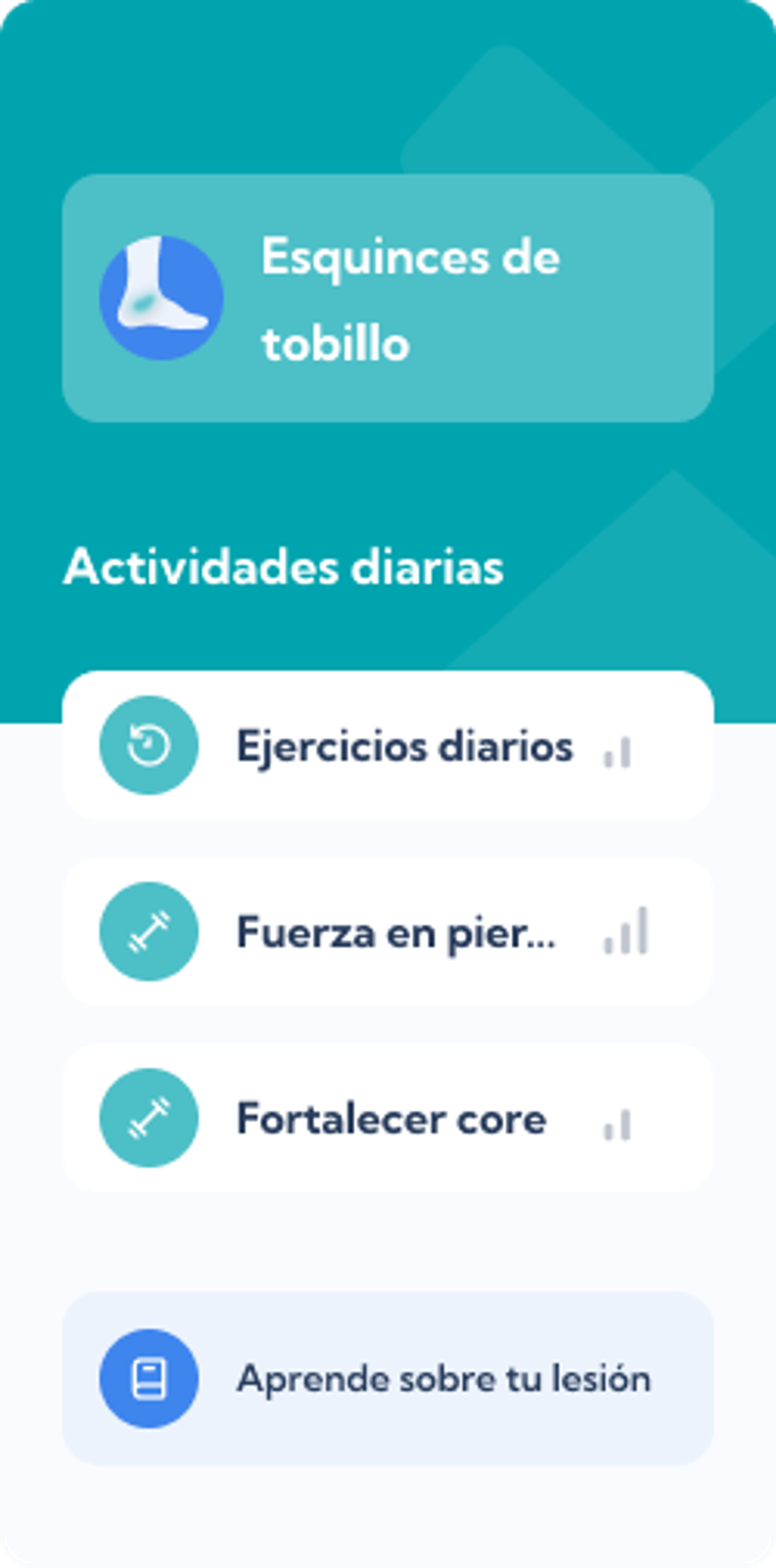 Plan de Esguinces de tobillo – Dashboard overview of the Exakt Health app