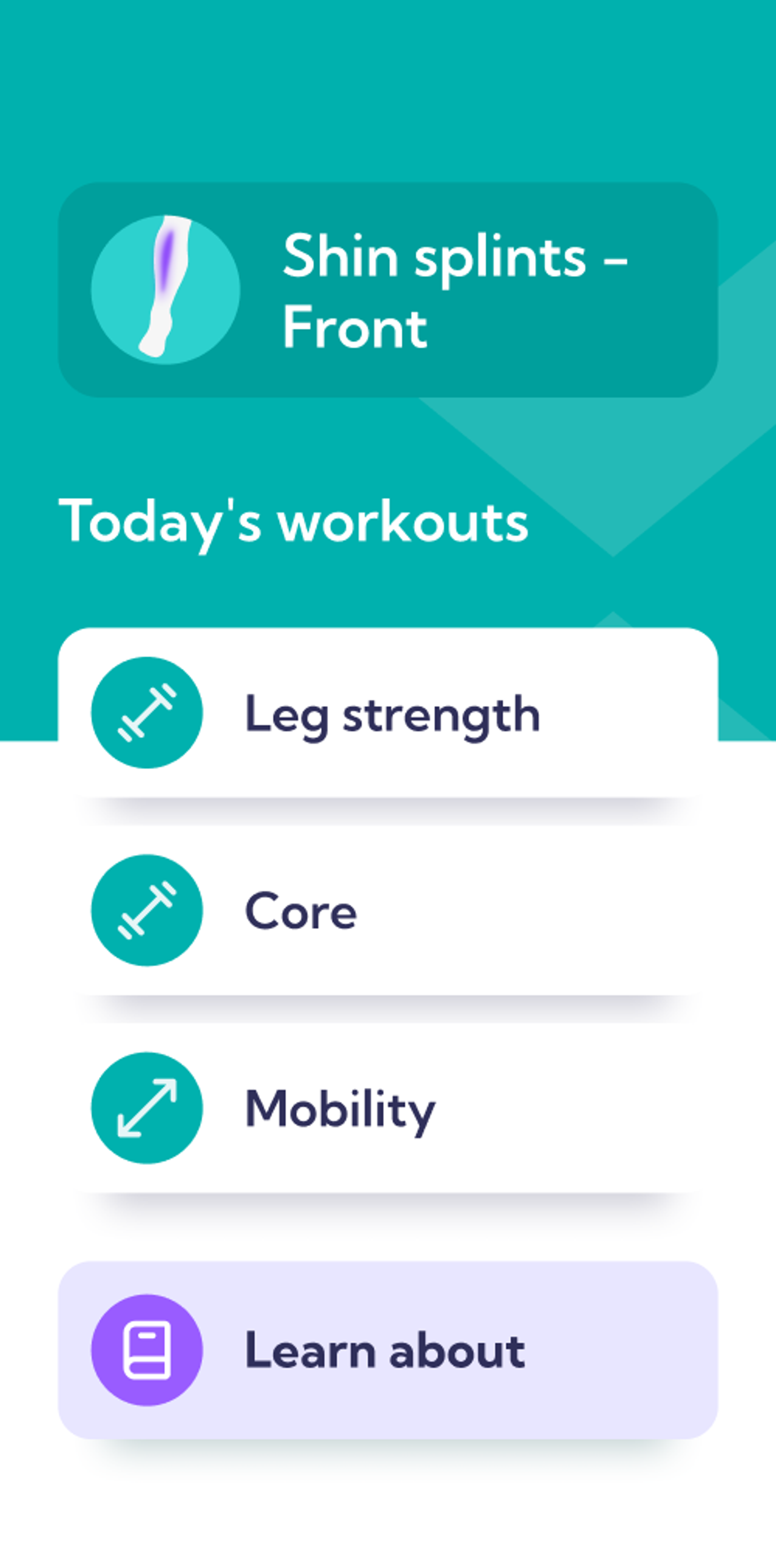 Screenshot of the medial shin splints treatment plan in the Exakt app
