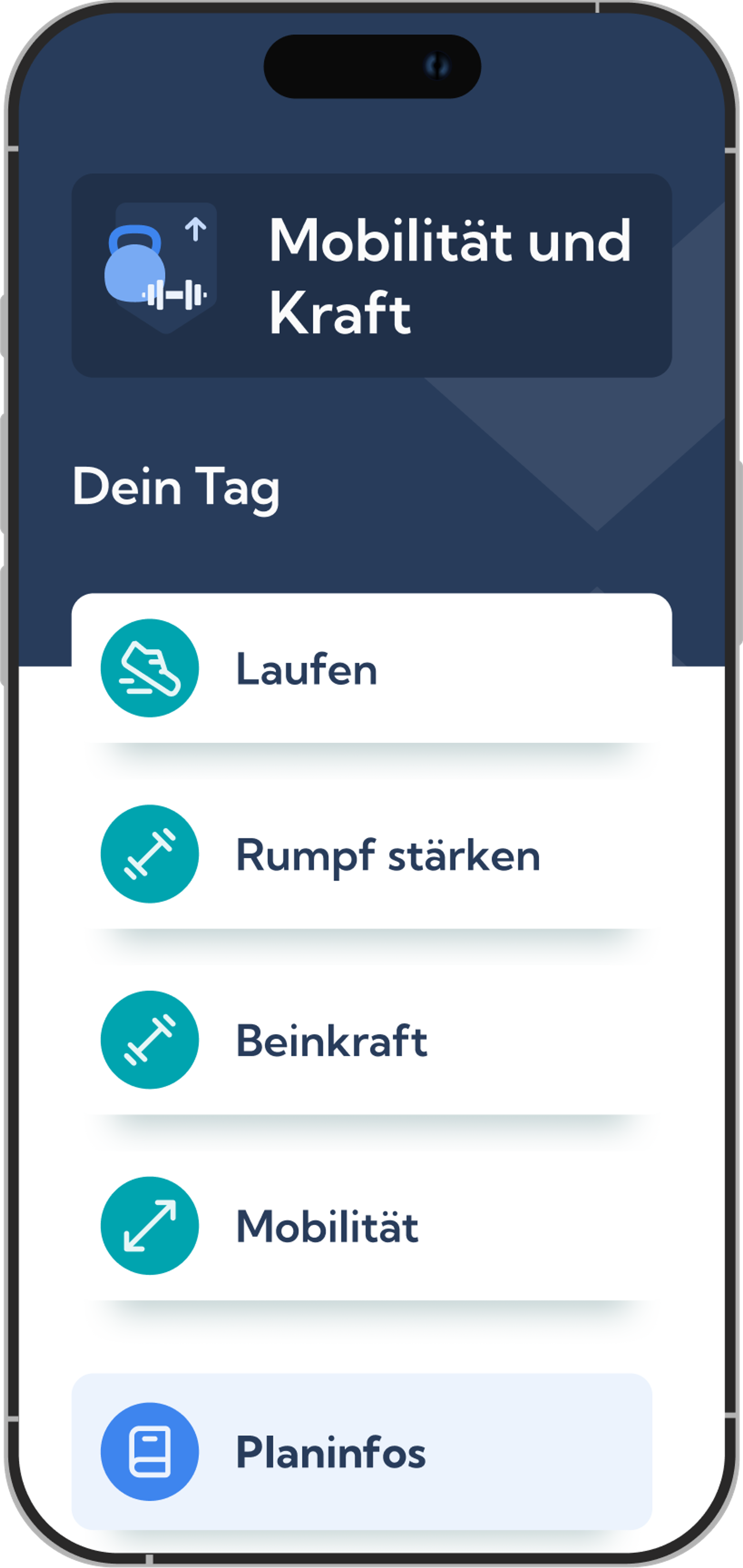 Mobilität und Kraft Trainingsplan  – Tagesübersicht Exakt Health Laufapp