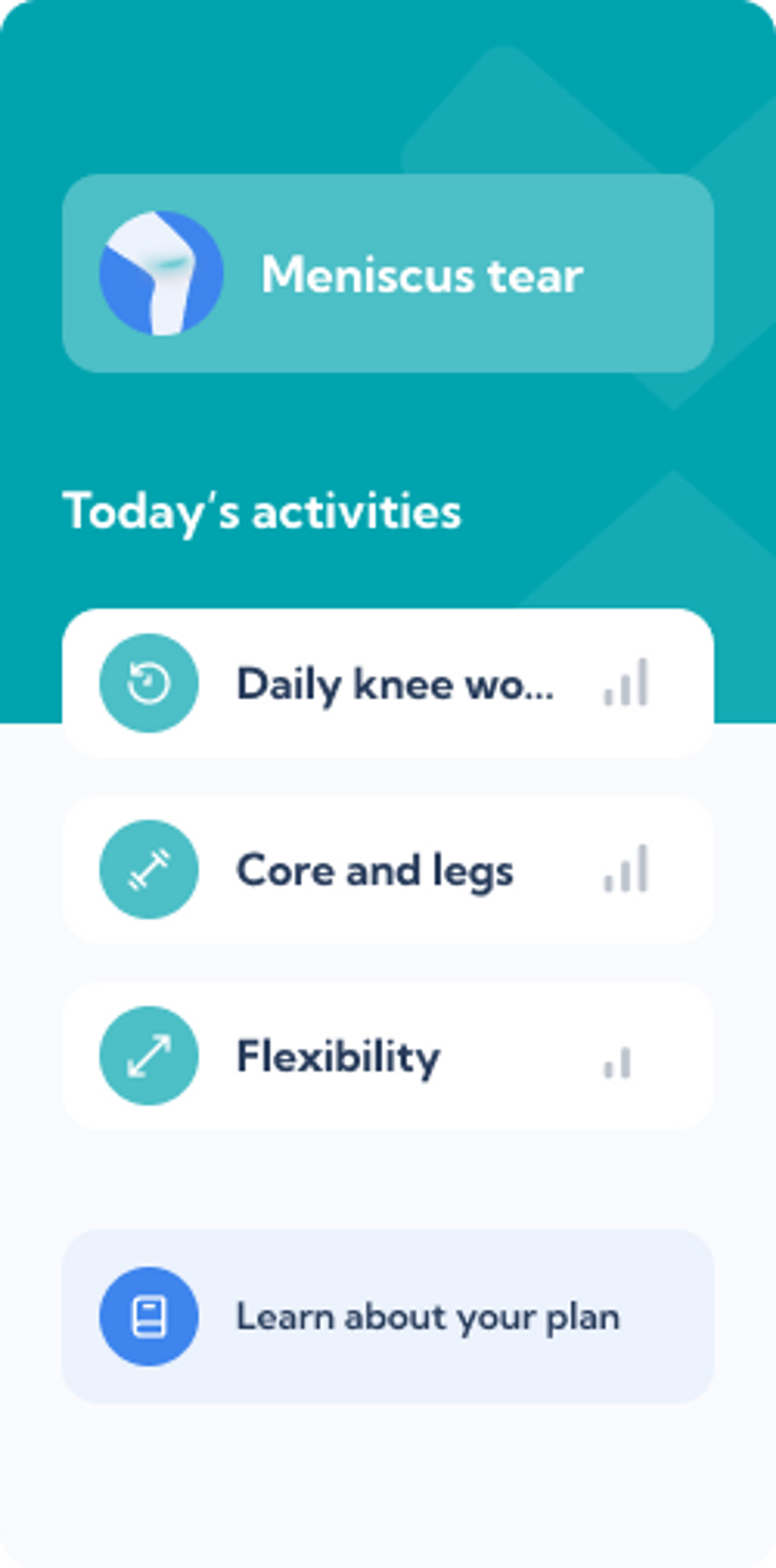 Meniscus tear treatment plan – Dashboard overview of the Exakt Health app