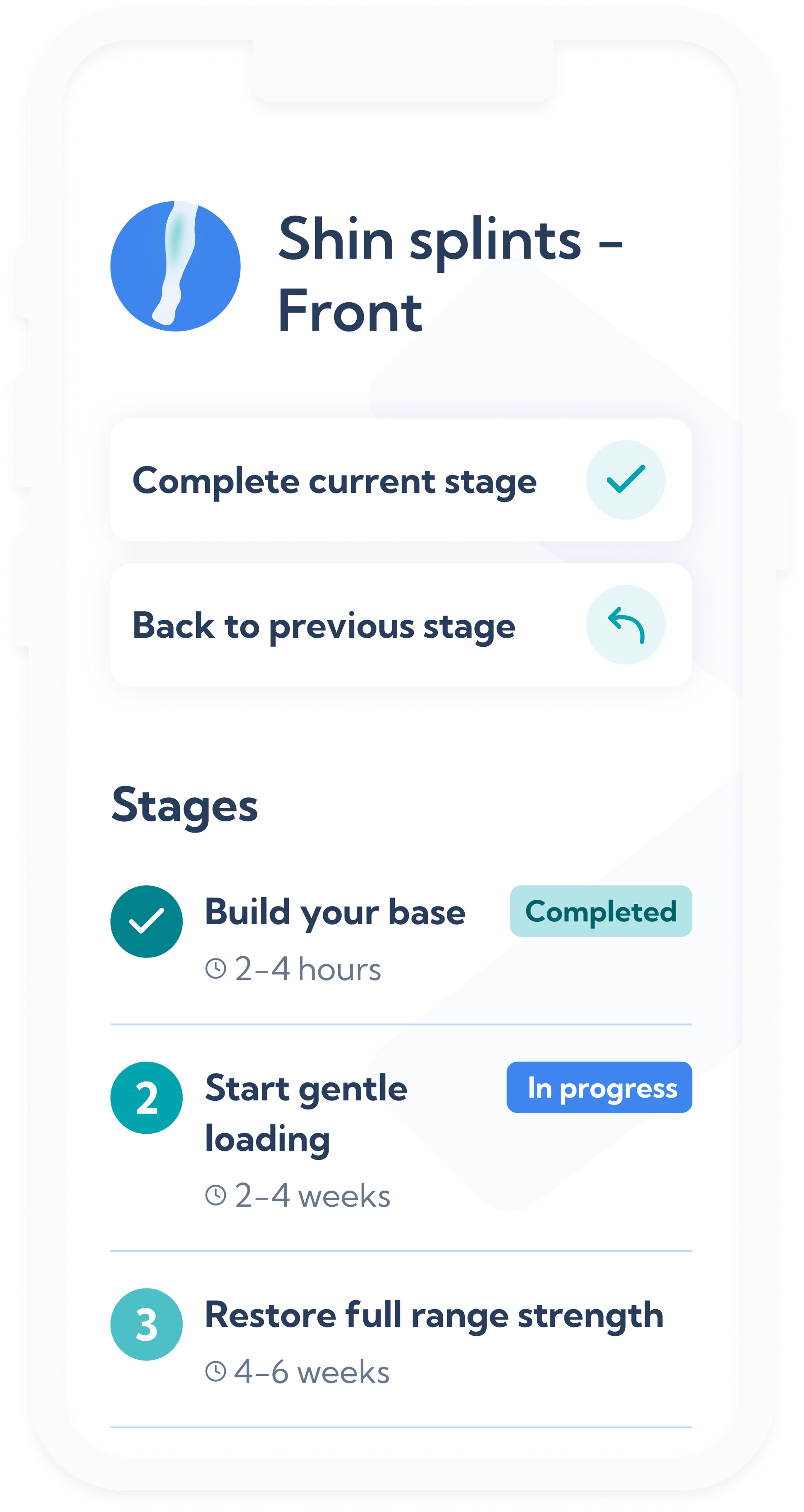 Anterior shin splints plan overview screen in the Exakt Health app.