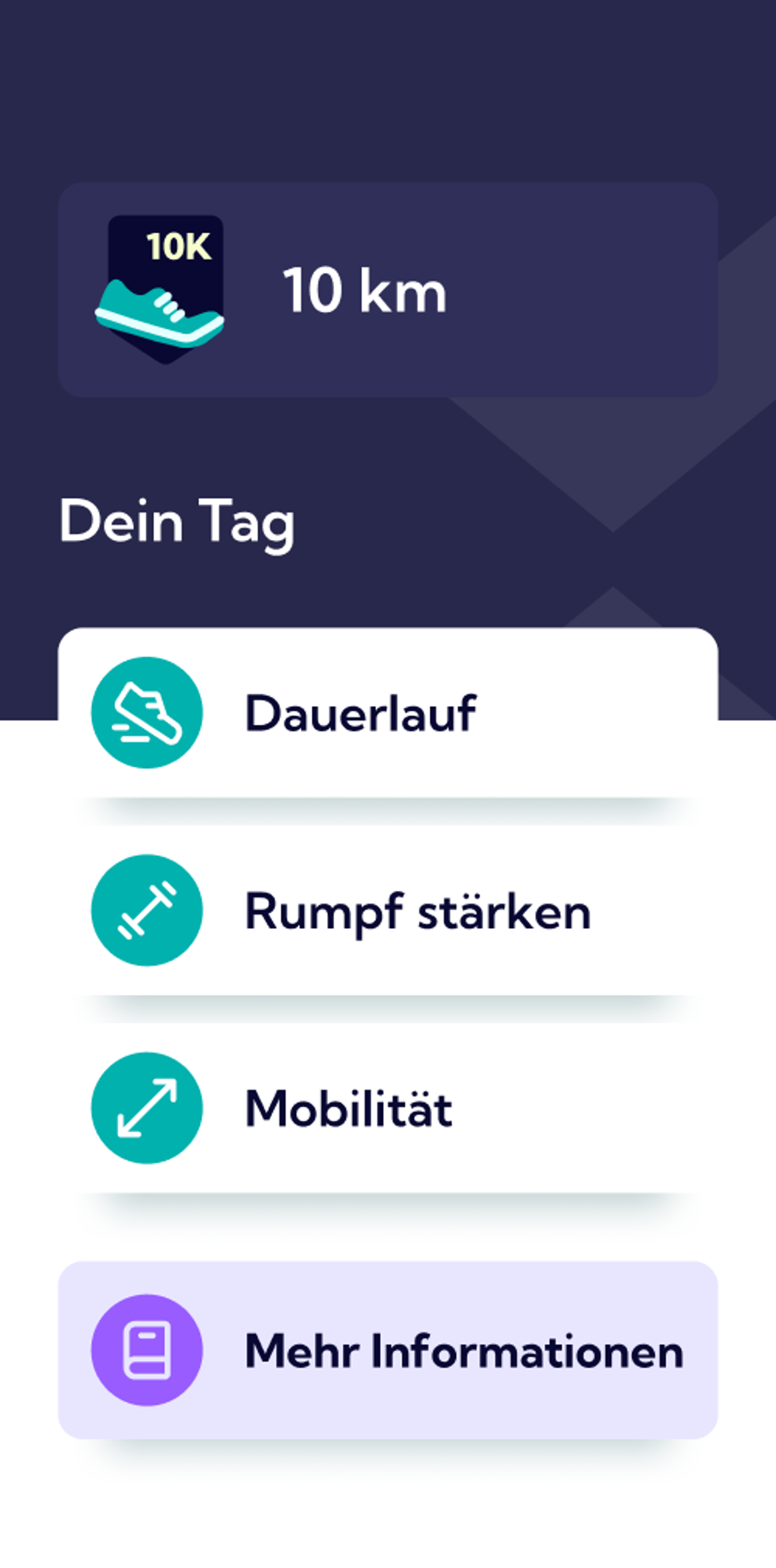  Screenshot des 10 km Trainingsplans in der Exakt App.