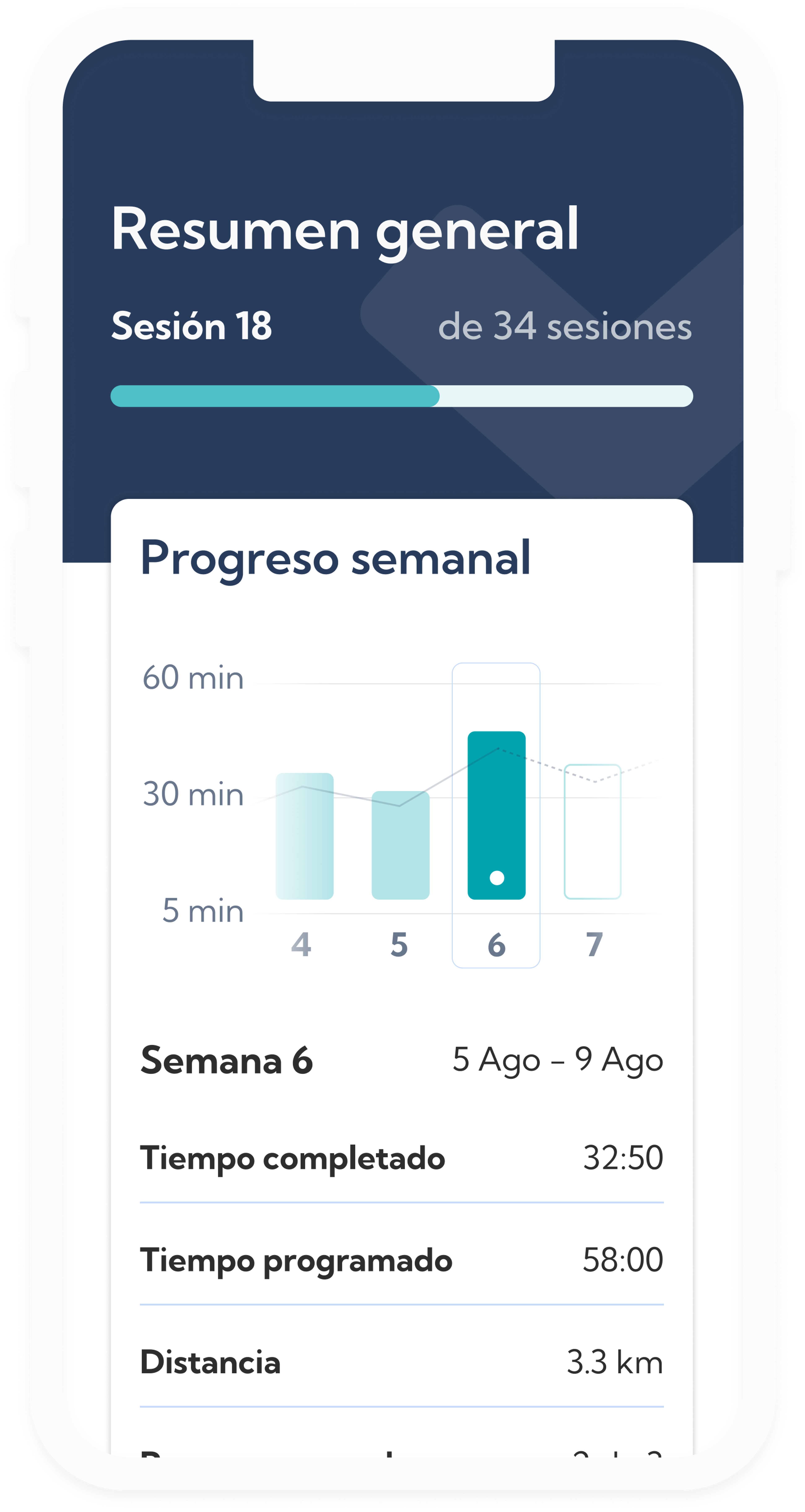 Resumen de la sesión de running del plan de entrenamiento para la maratón en la aplicación Exakt Health.