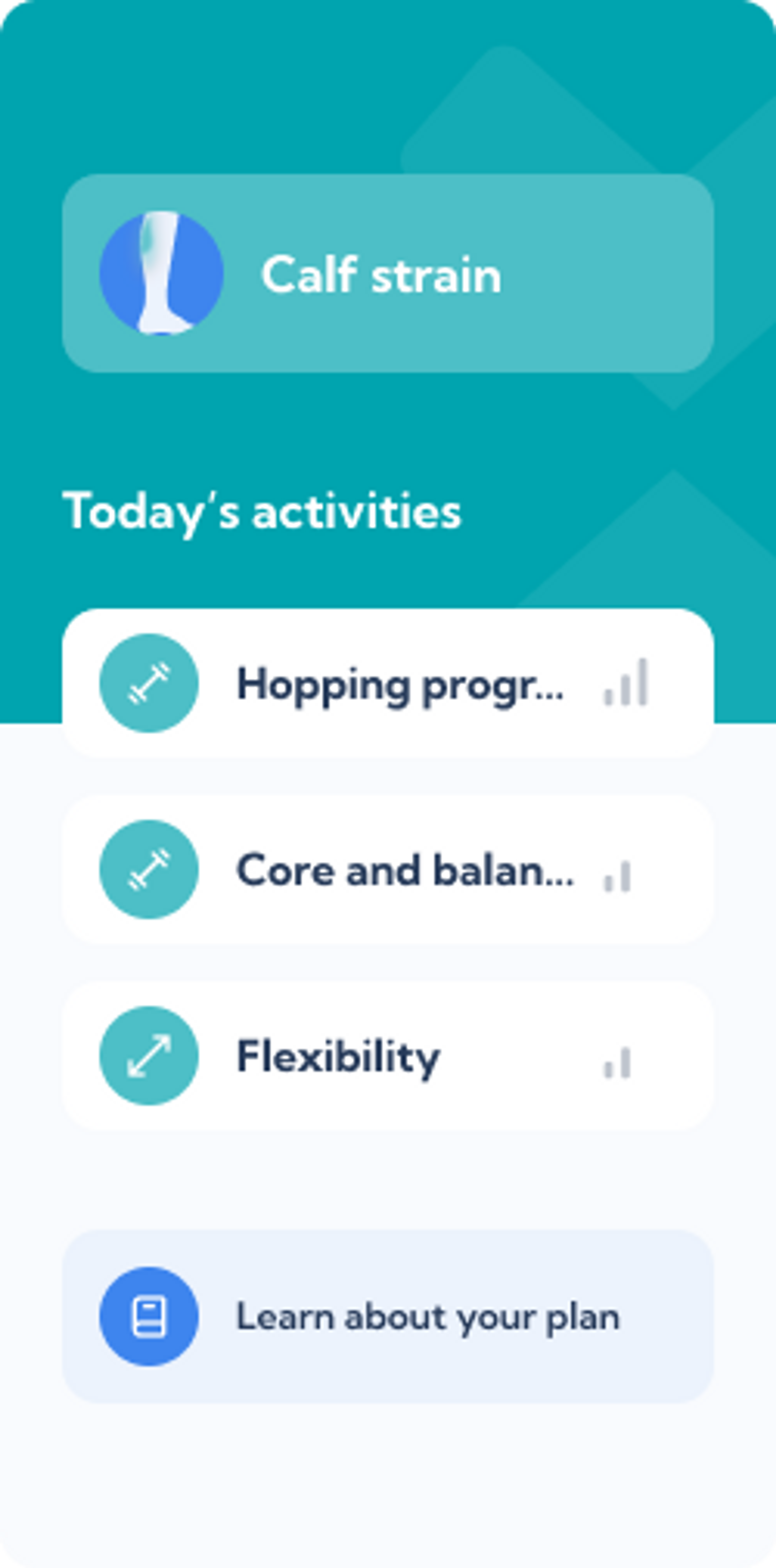 Calf strain rehab plan – Dashboard overview of the Exakt Health app