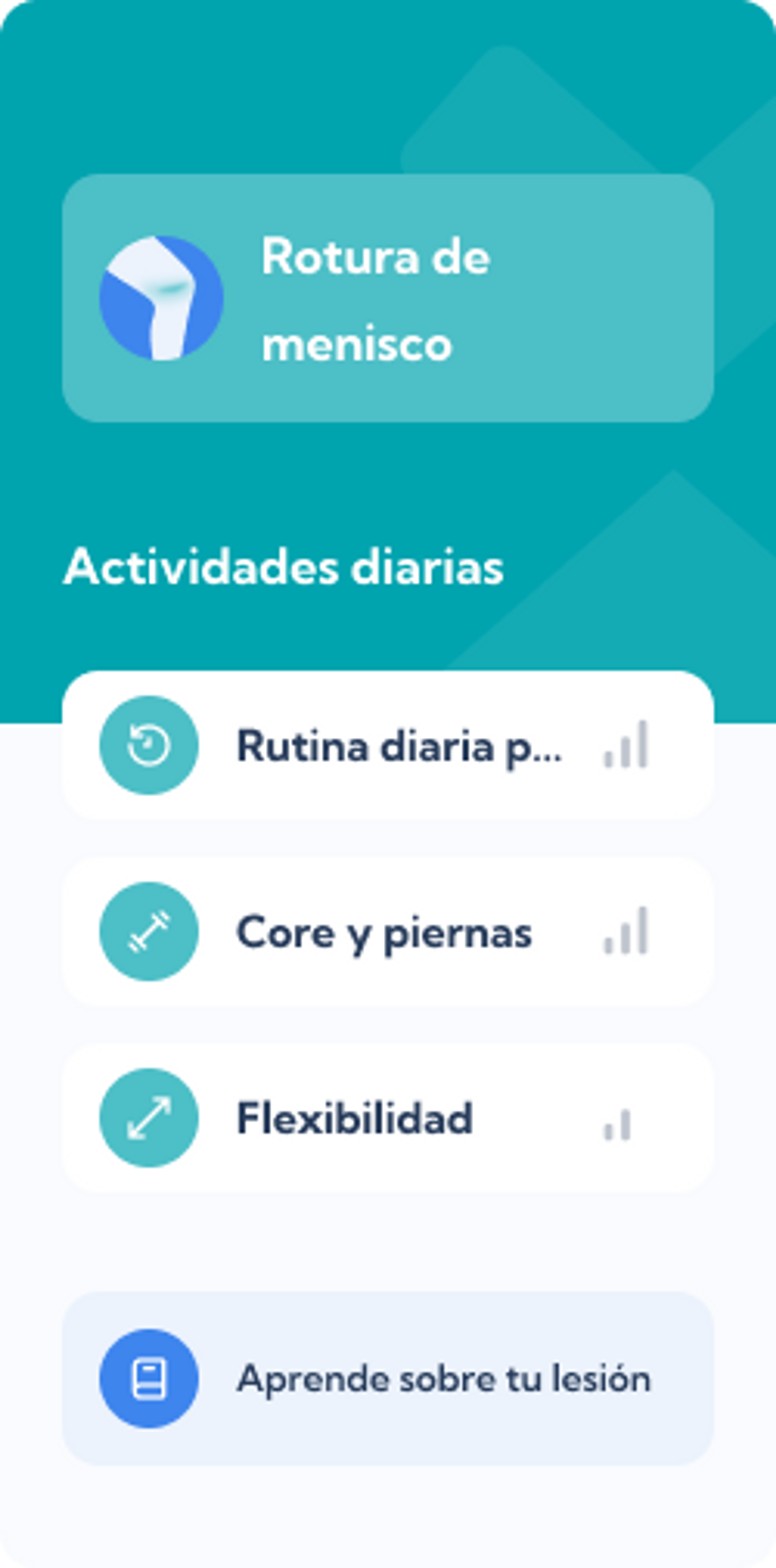 Plan de rotura de menisco – Dashboard overview de Exakt Health app