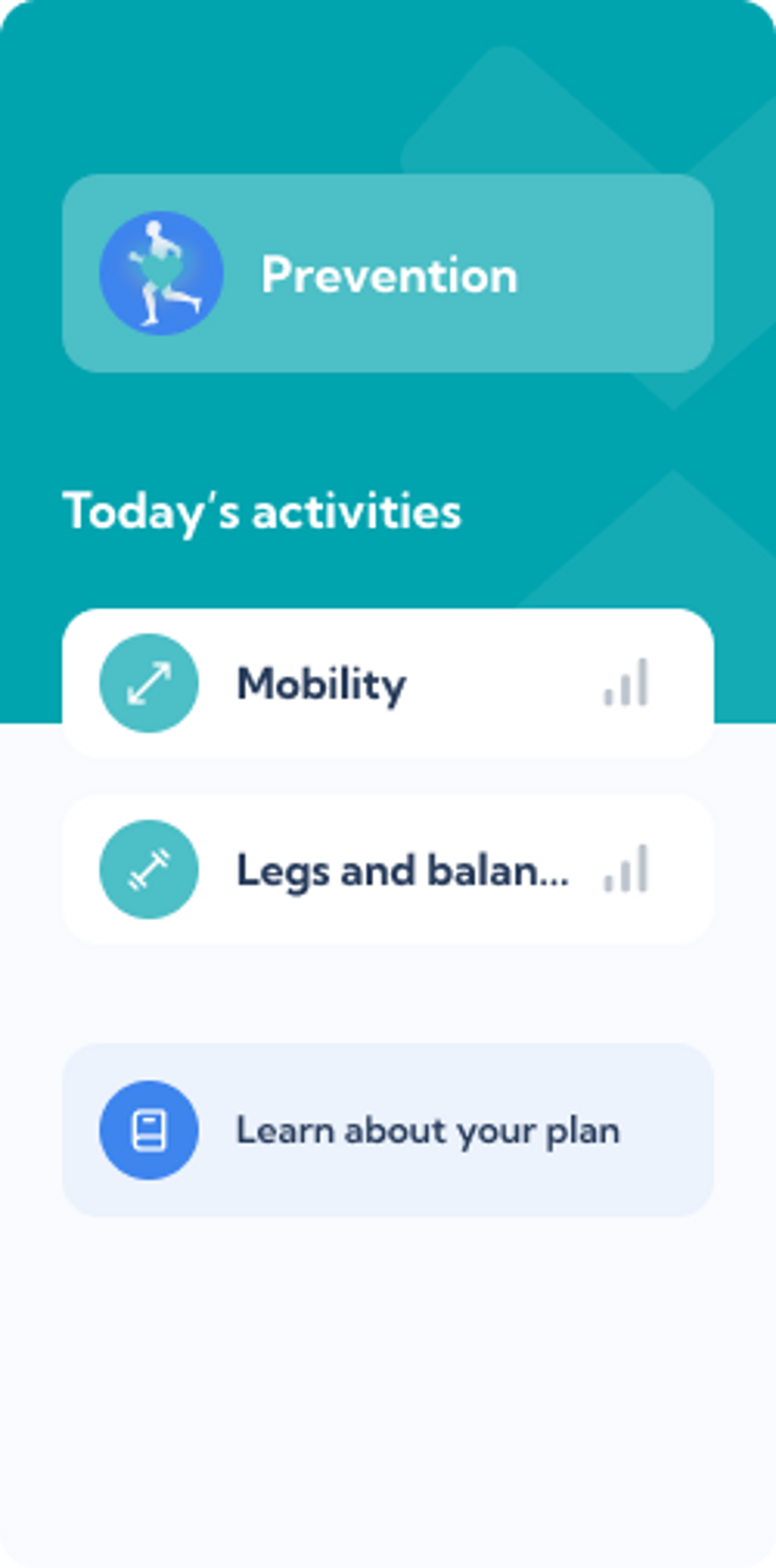 Running injury prevention plan – Dashboard overview of the Exakt Health app