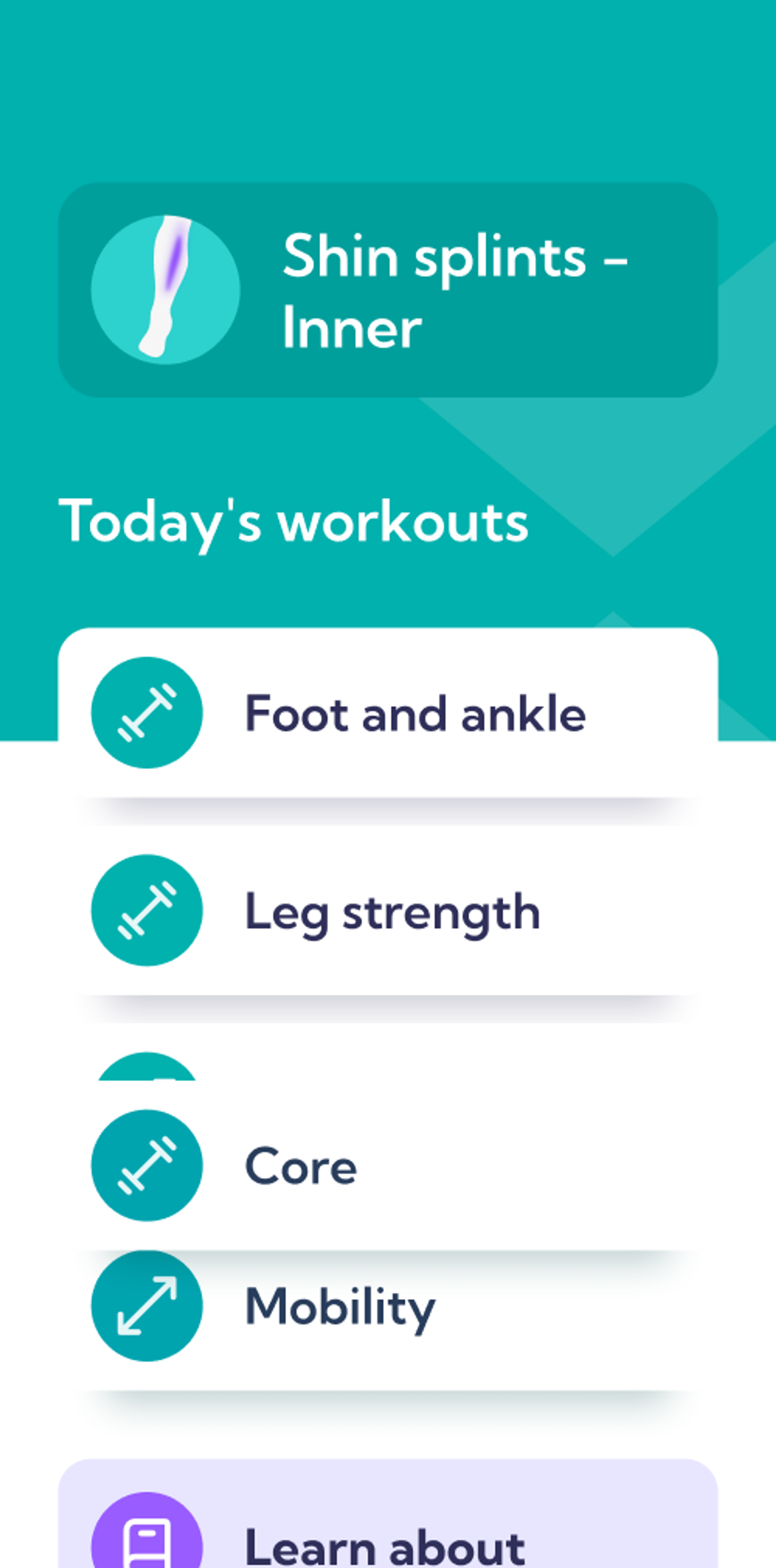 Screenshot of the medial shin splints treatment plan in the Exakt app