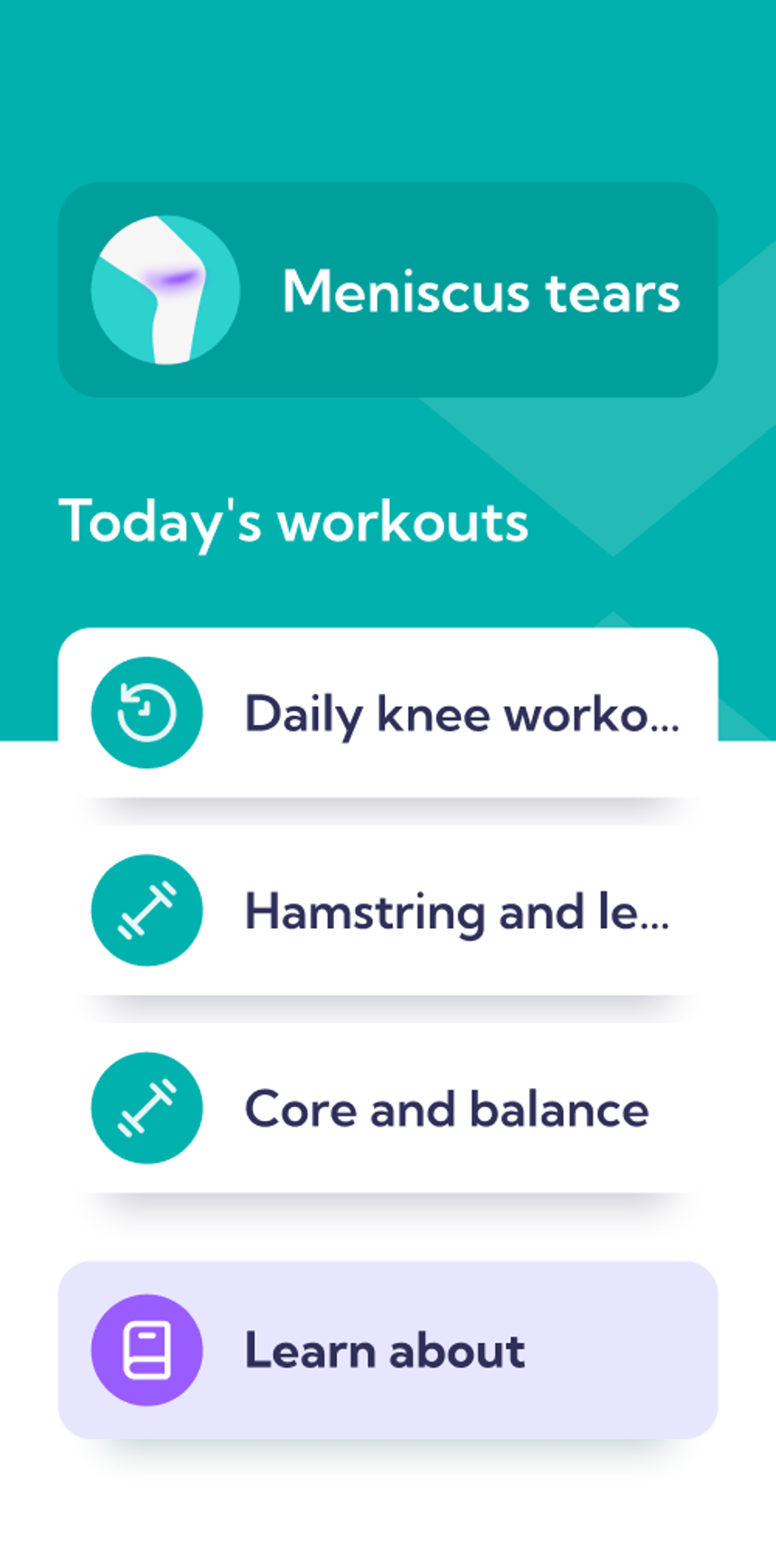 Meniscus tear treatment plan – Dashboard overview of the Exakt app