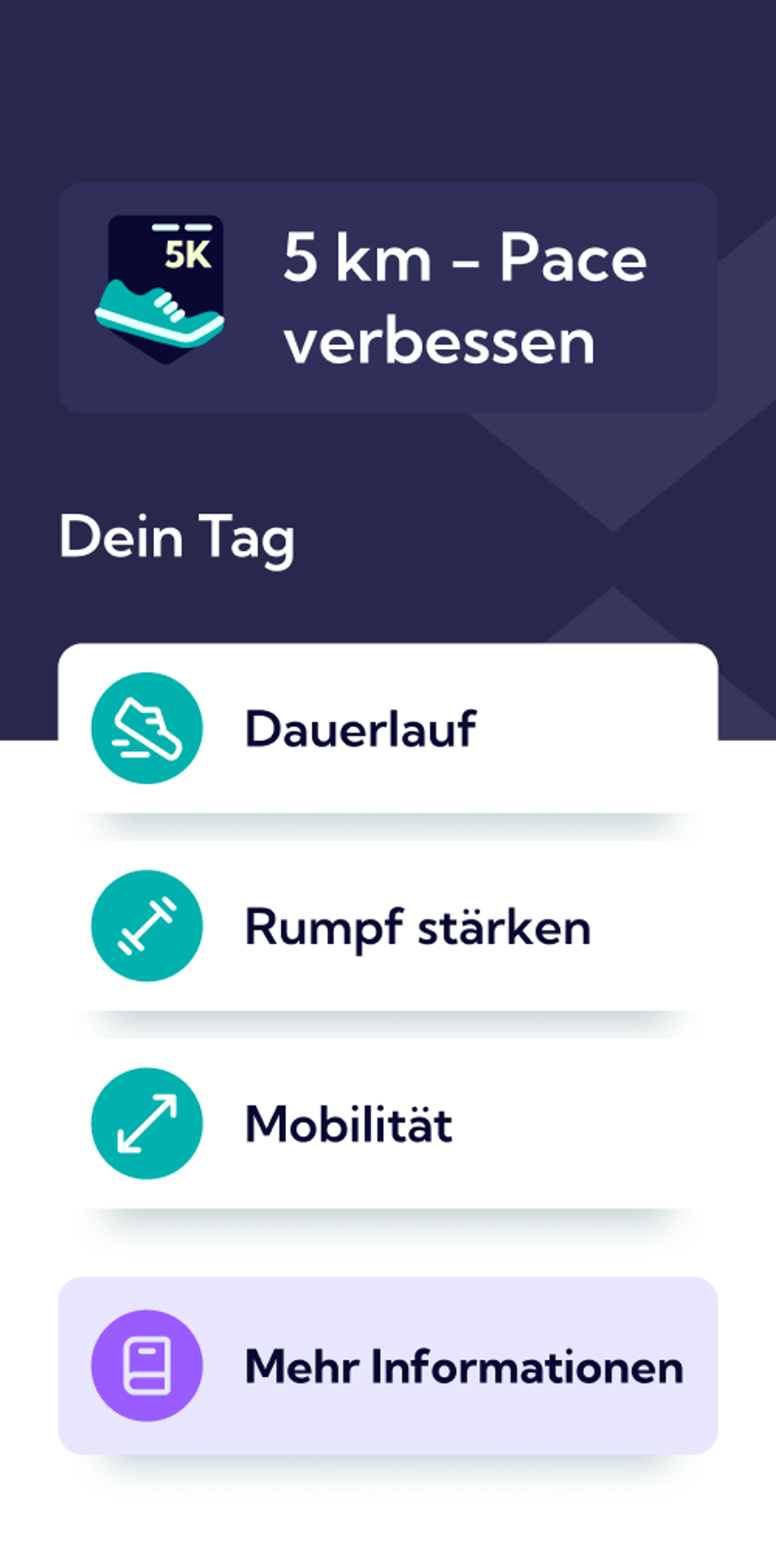  Screenshot des 5 km Trainingsplans in der Exakt App.