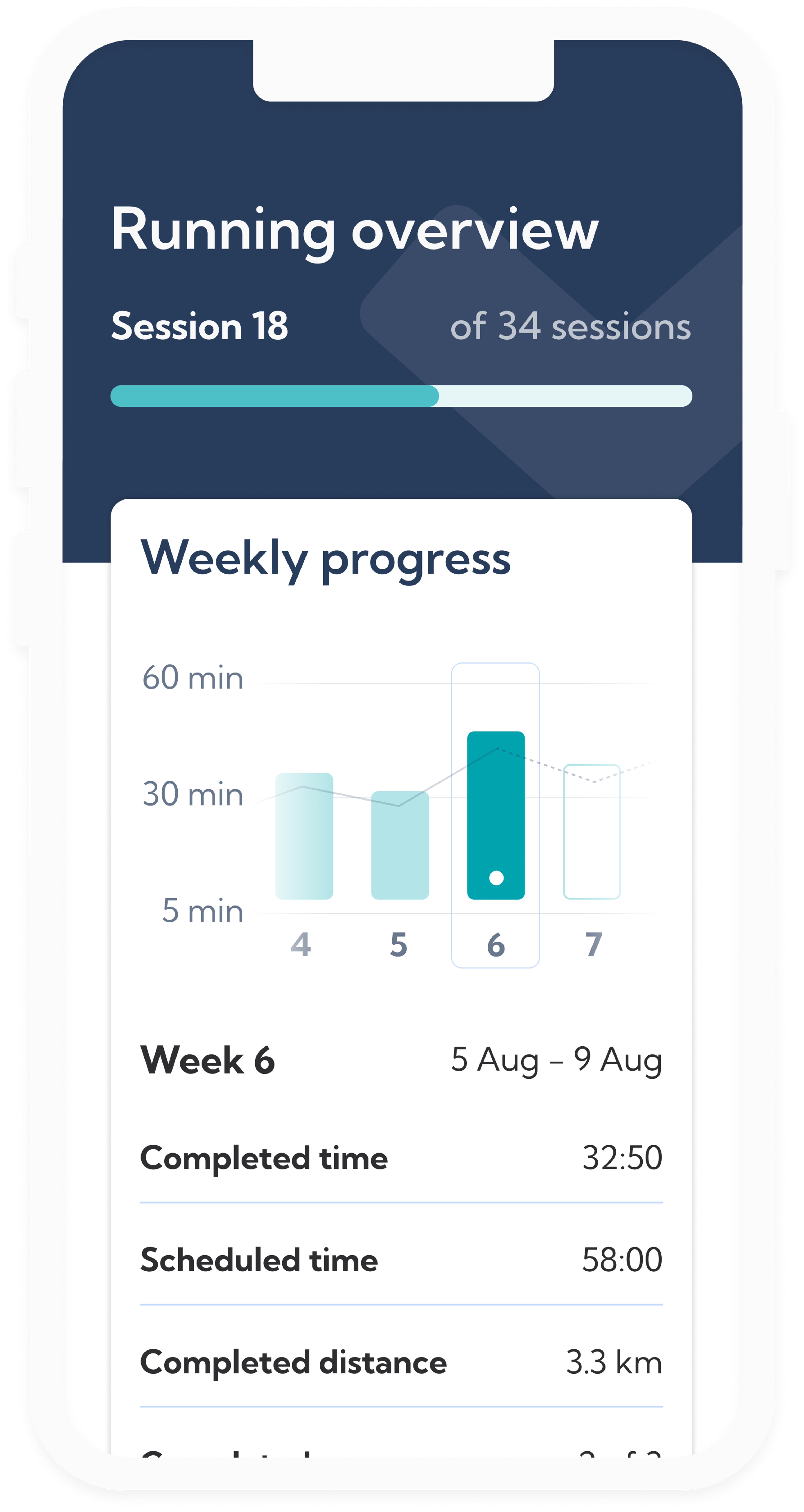 Overview of the running session in the Marathon training plan in the Exakt Health app.