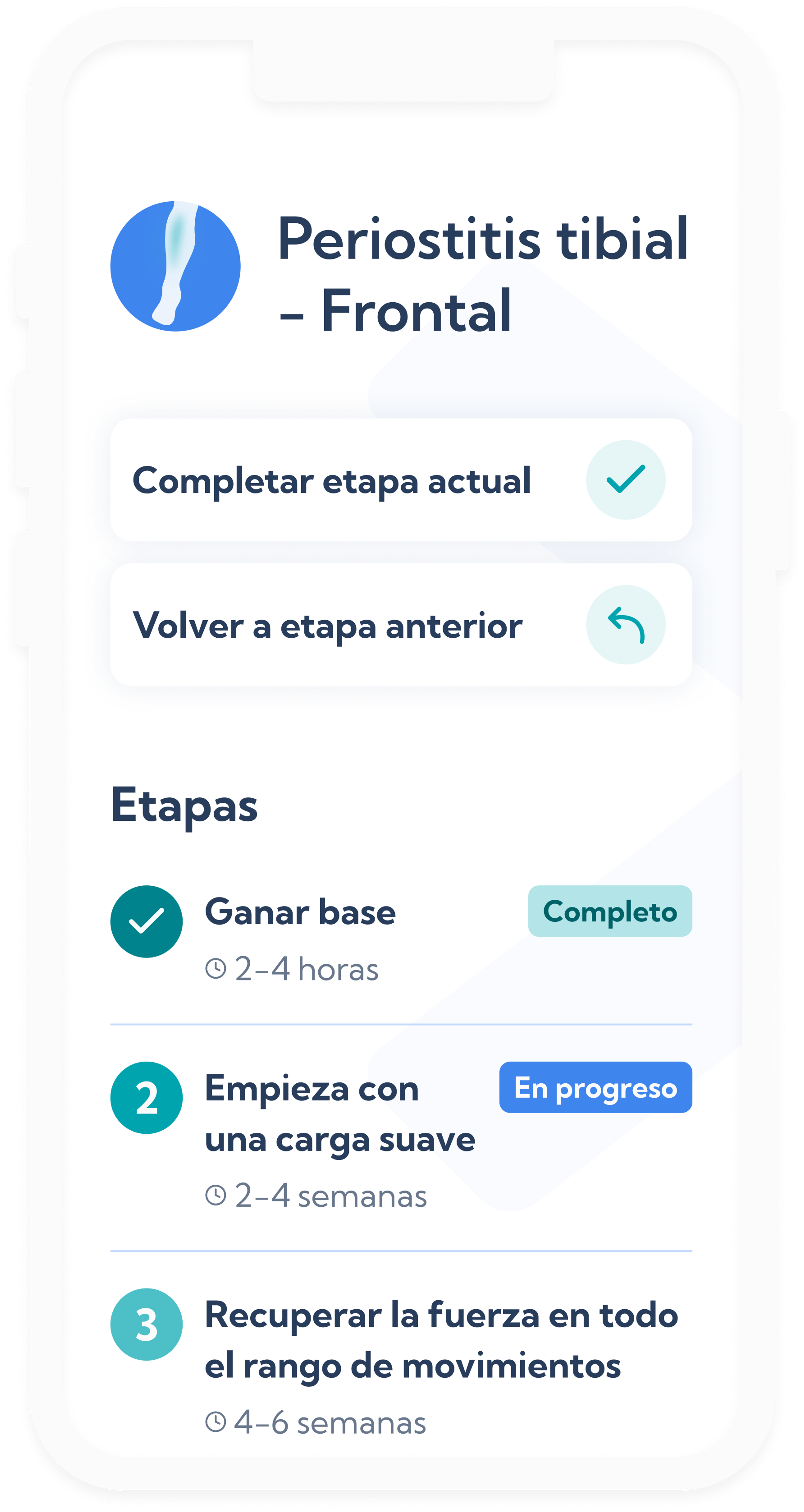 Pantalla de vista general del plan para periostitis tibial anterior en la app de Exakt Health.