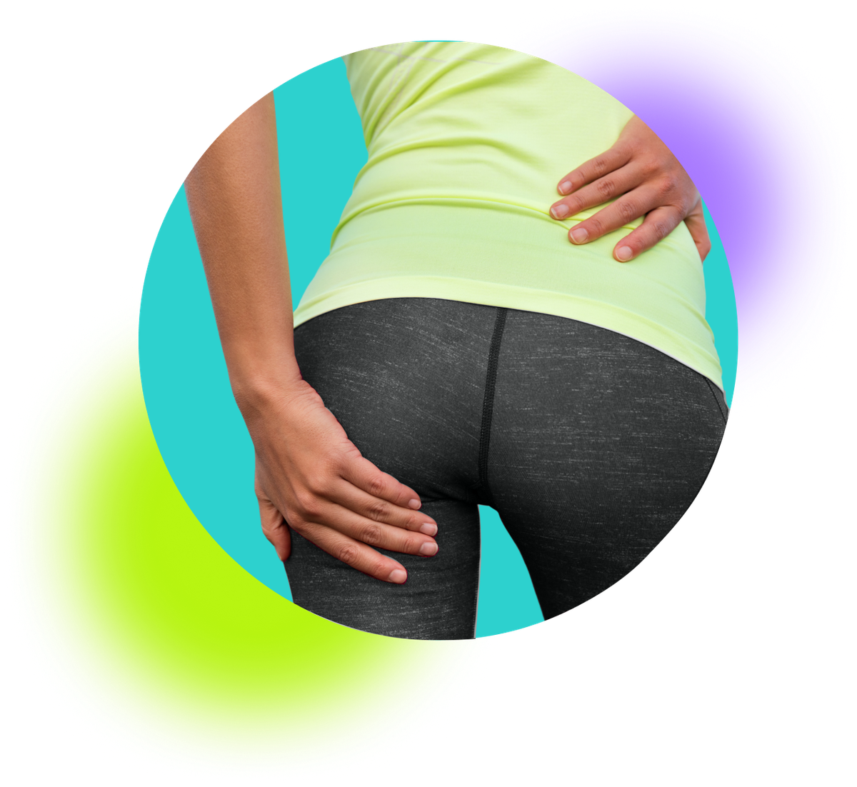 A runner with her hand placed over her painful high hamstring tendons.