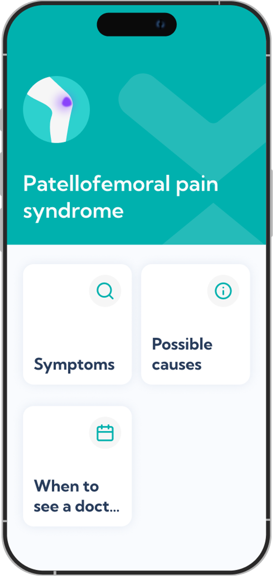 Patellofemoral pain syndrome treatment plan overview screen in the Exakt app.