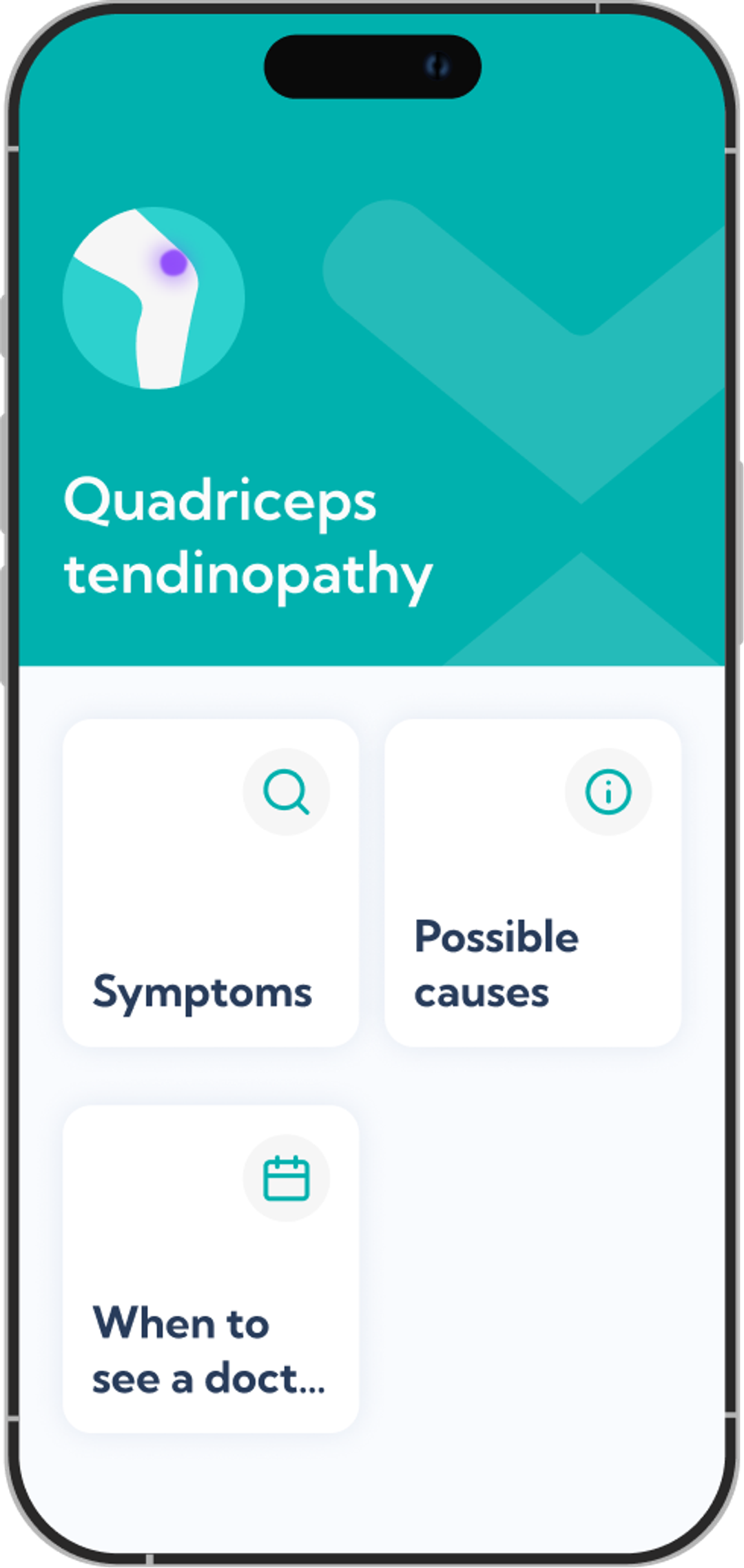 Quadriceps tendinopathy treatment plan overview screen in the Exakt app.