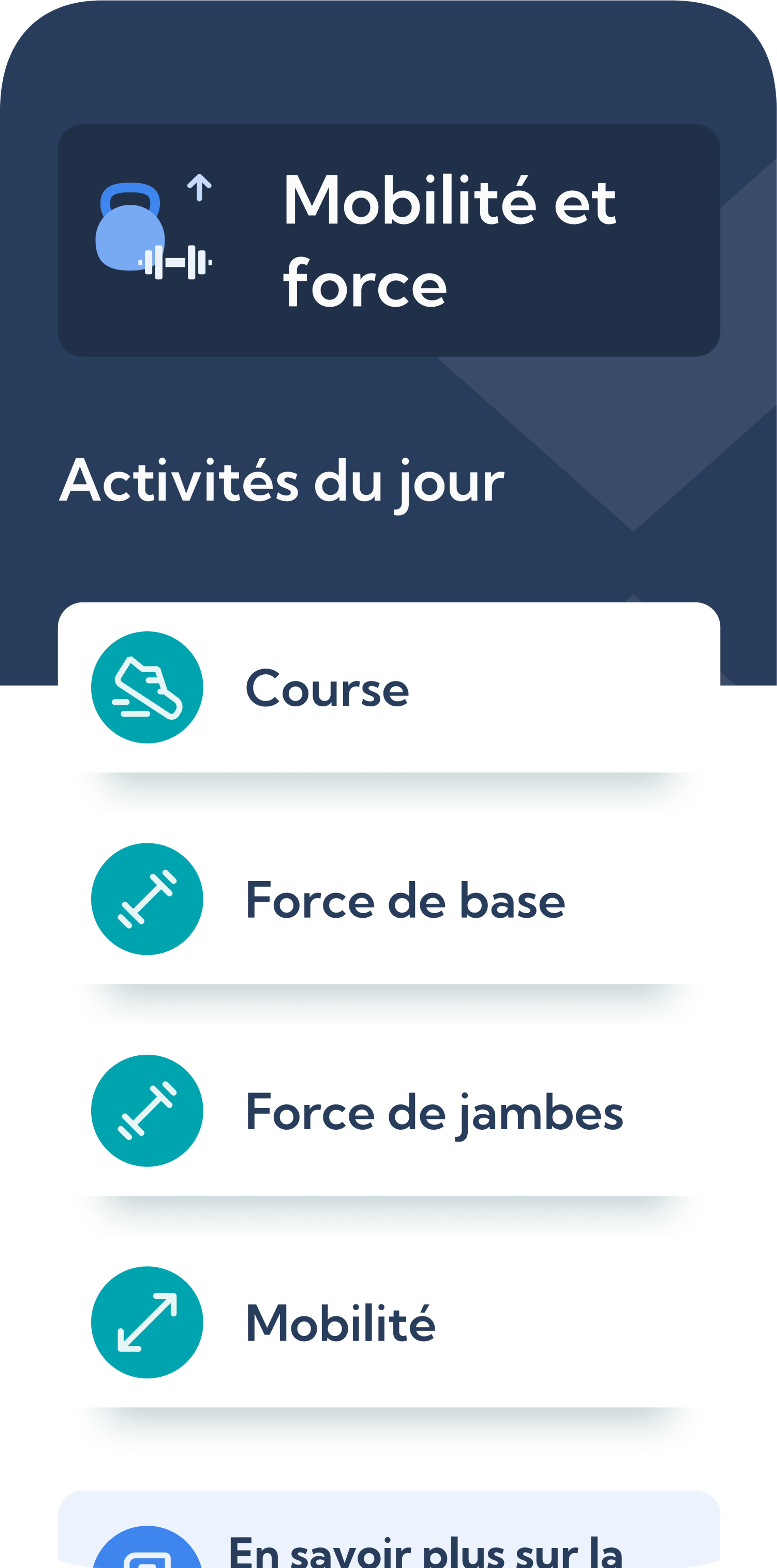 Plan d'entraînement de mobilité et de force – Vue de l'écran principal dans l'application de course Exakt Health.