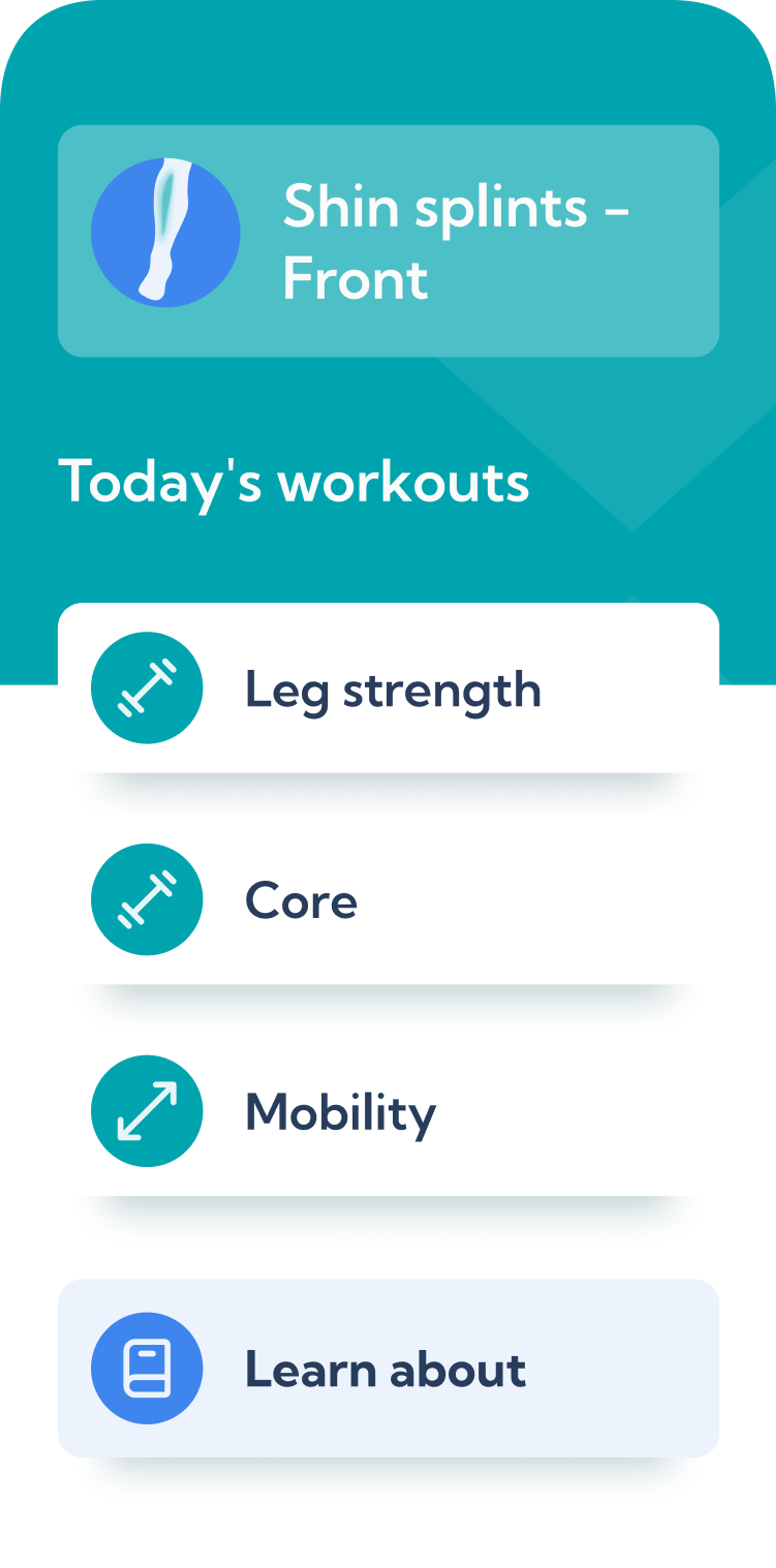 Screenshot of the medial shin splints treatment plan in the Exakt Health app