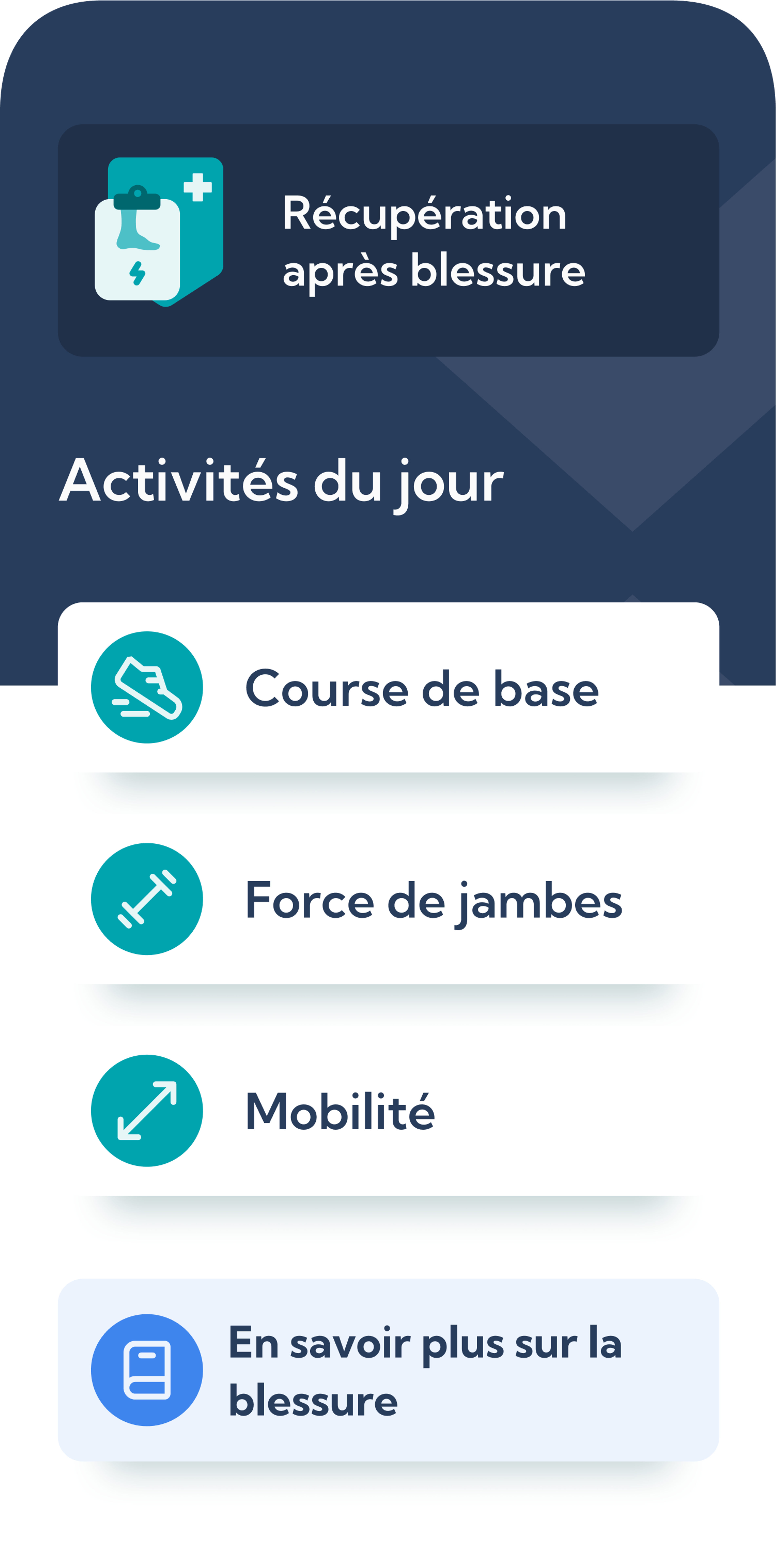 Capture d'écran des plans de retour à la course après une blessure dans l'application Exakt Health.
