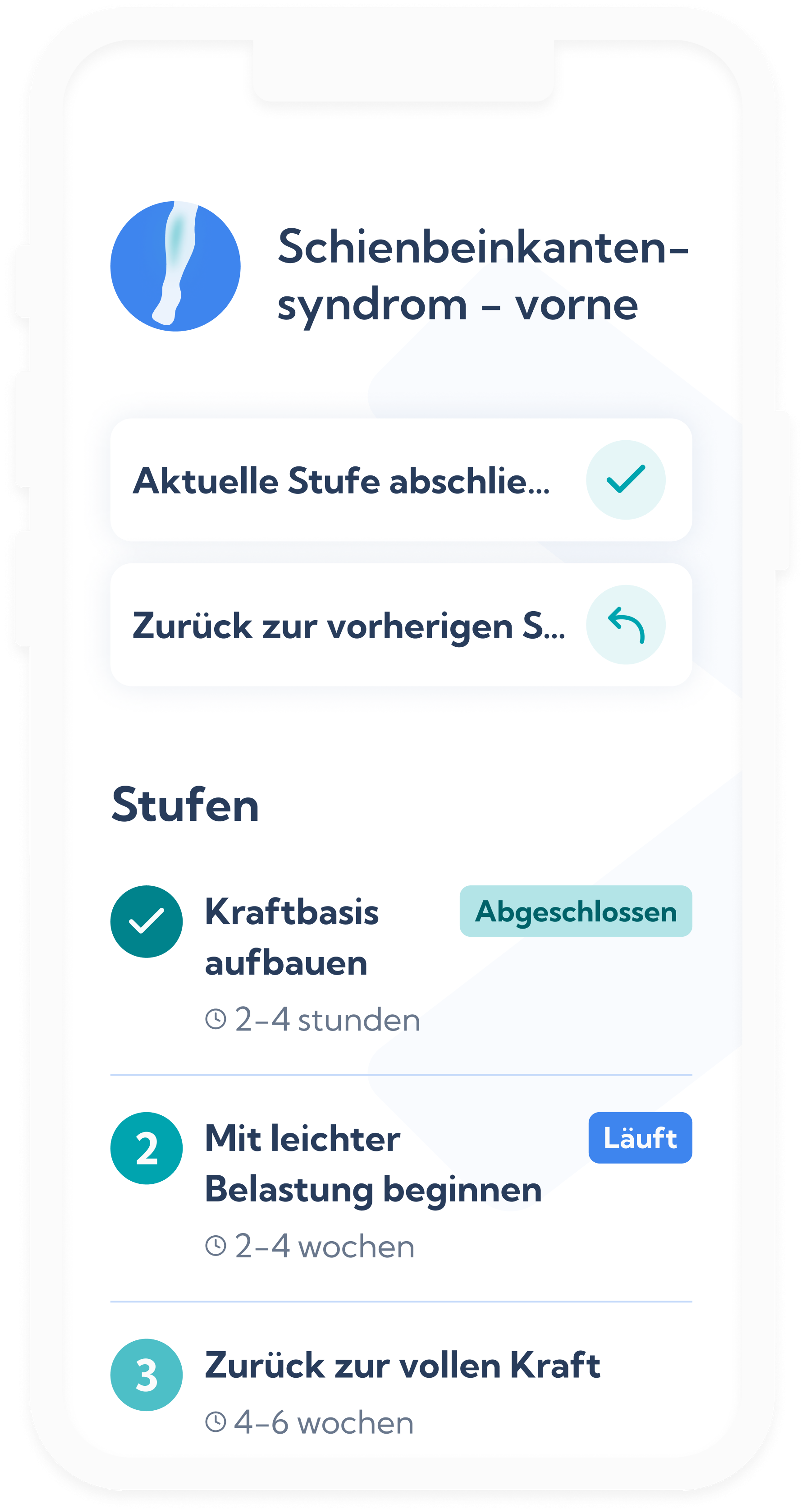 Vorderes Schienbeinkantensyndrom Reha-Plan Übersicht in der Exakt Health App.