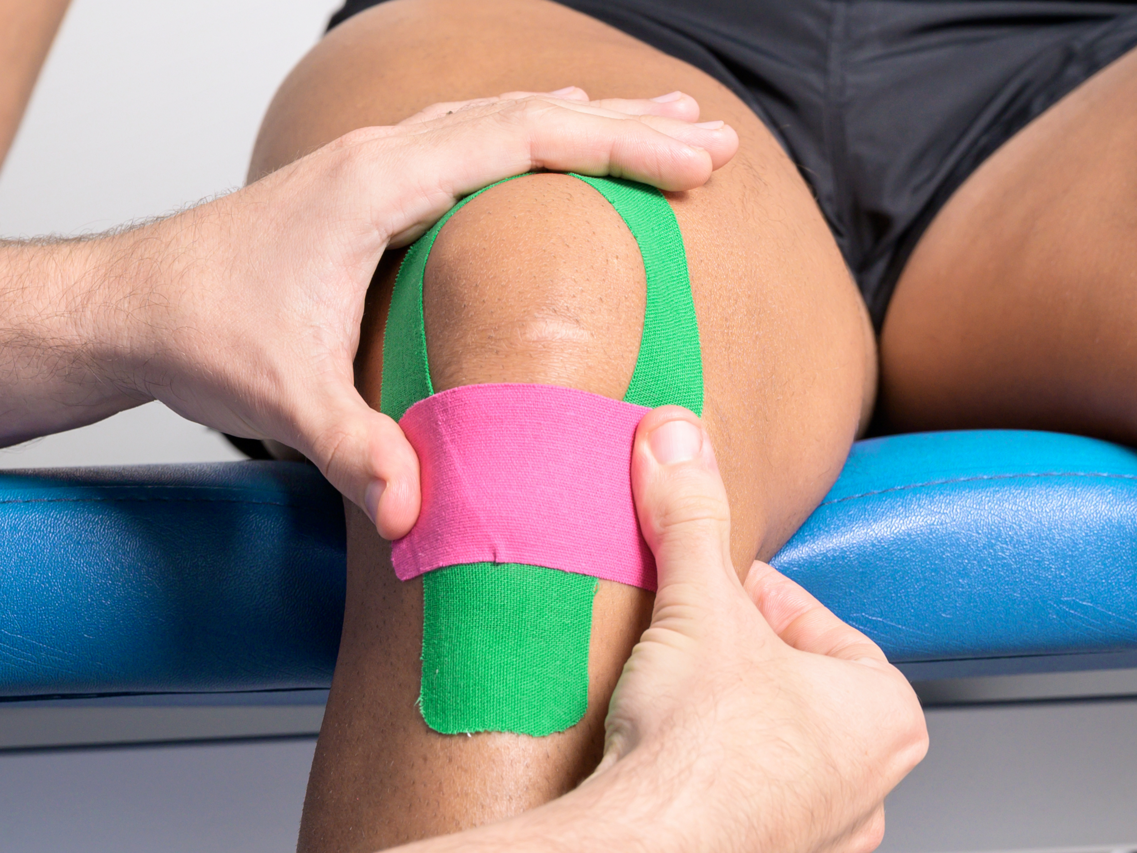 Patellar tendon straps or taping can help with patellar tendonitis pain during rehab exercises and sports.