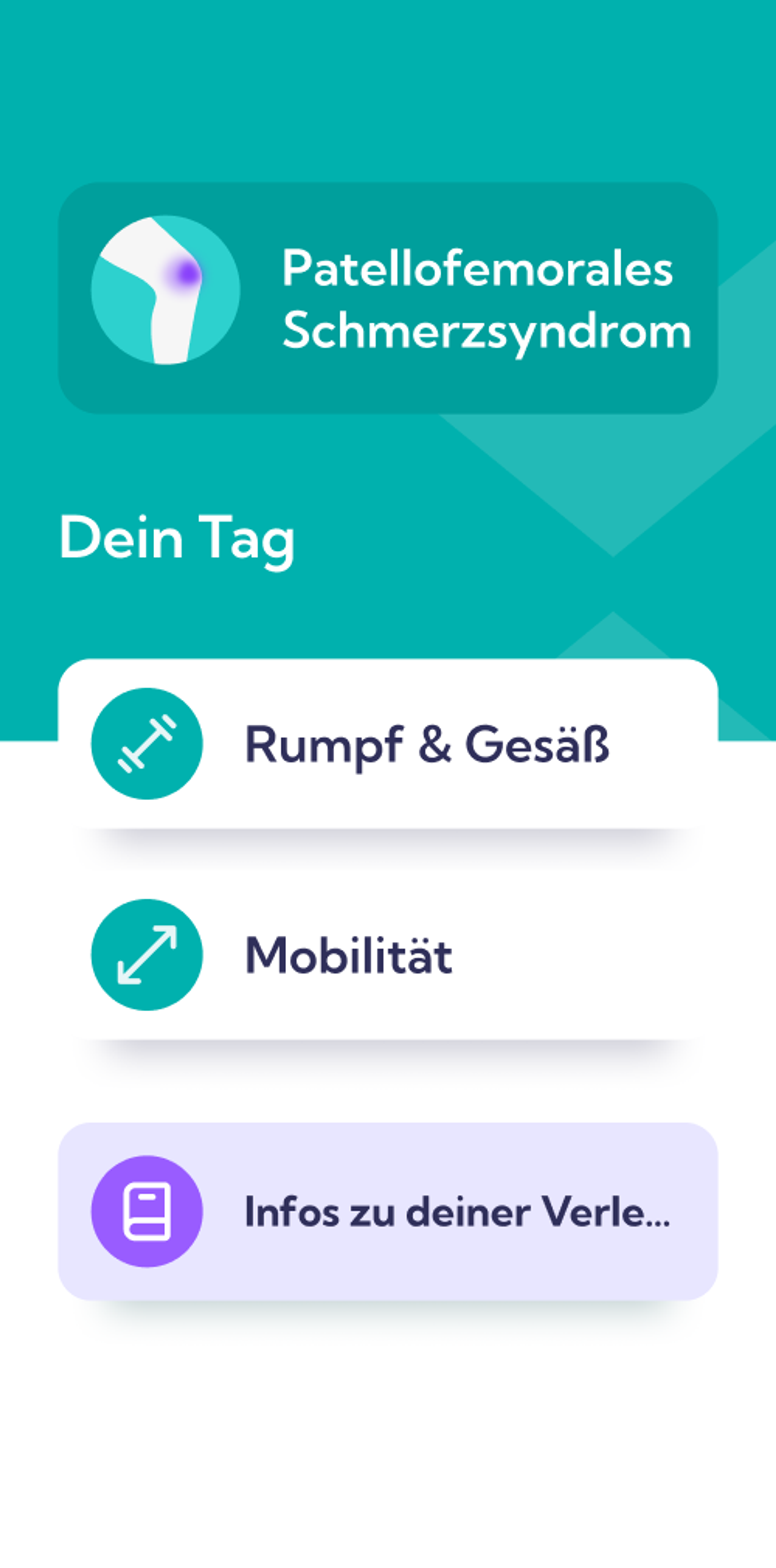 Patellofemorales Schmerzsyndrom Reha-Plan – Dashboard Überblick der Exakt app
