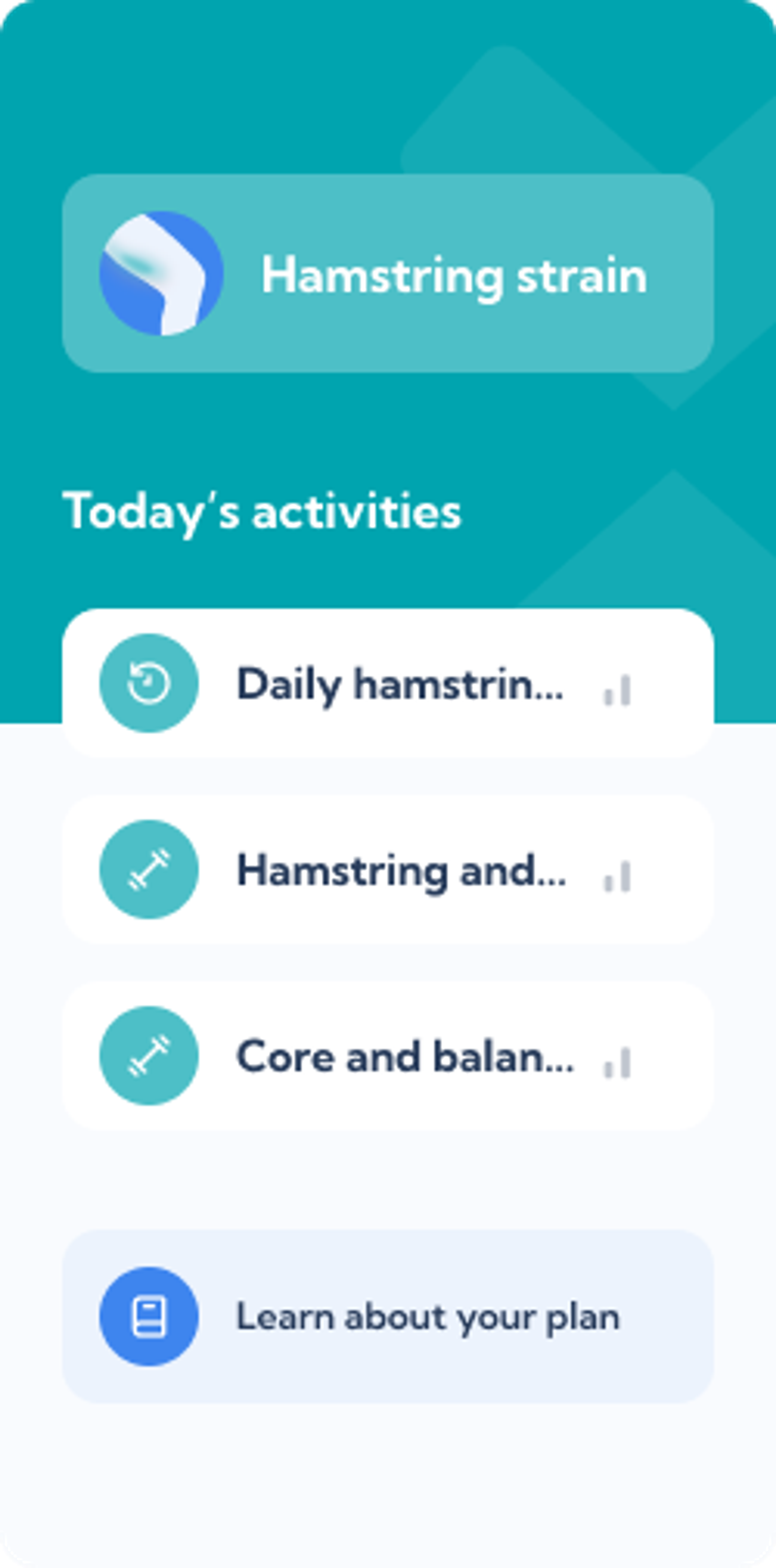 Hamstring strain rehab plan – Dashboard overview of the Exakt Health app
