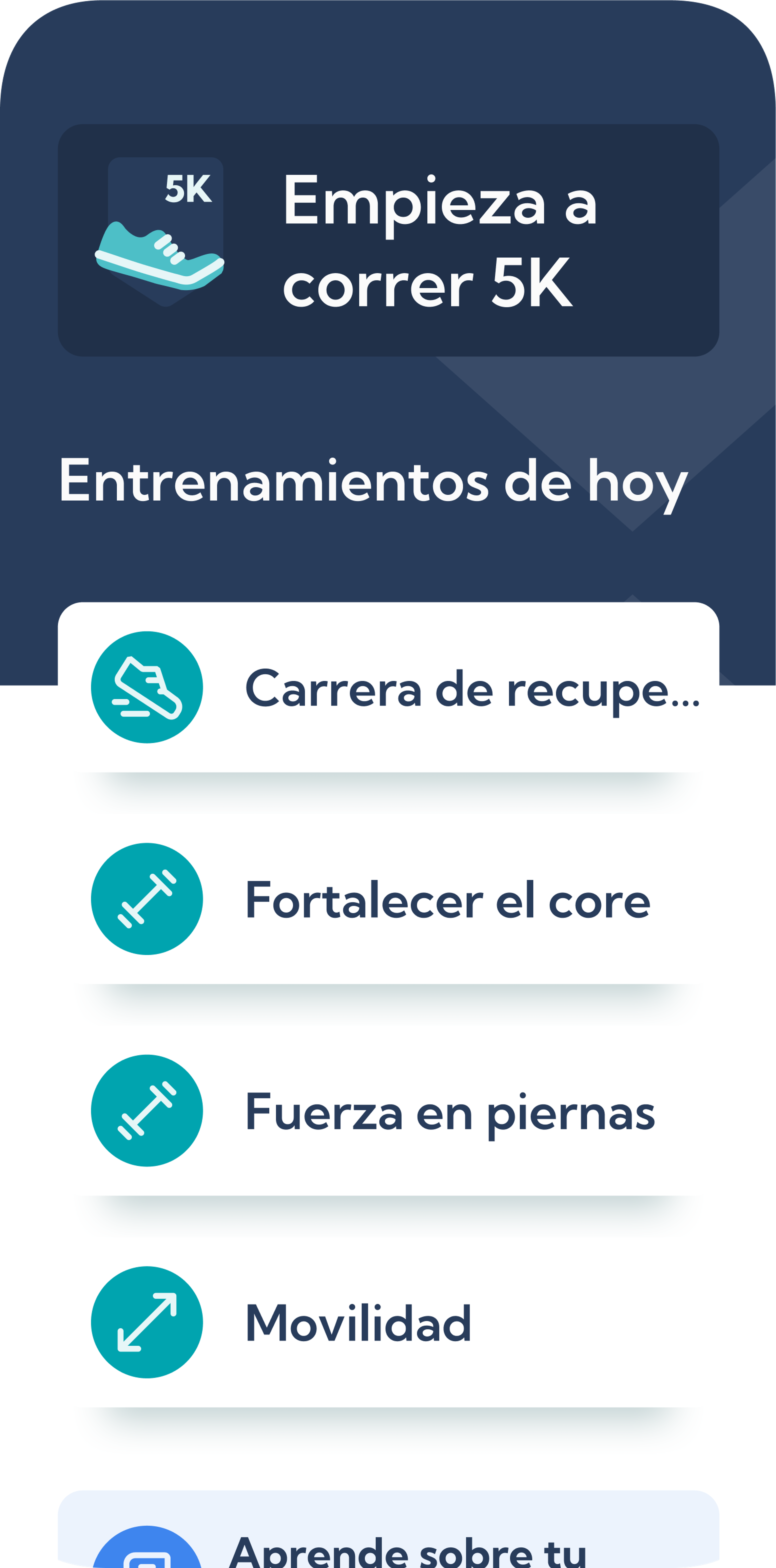 Pantalla del plan Empieza a correr 5K en la app Exakt Health.