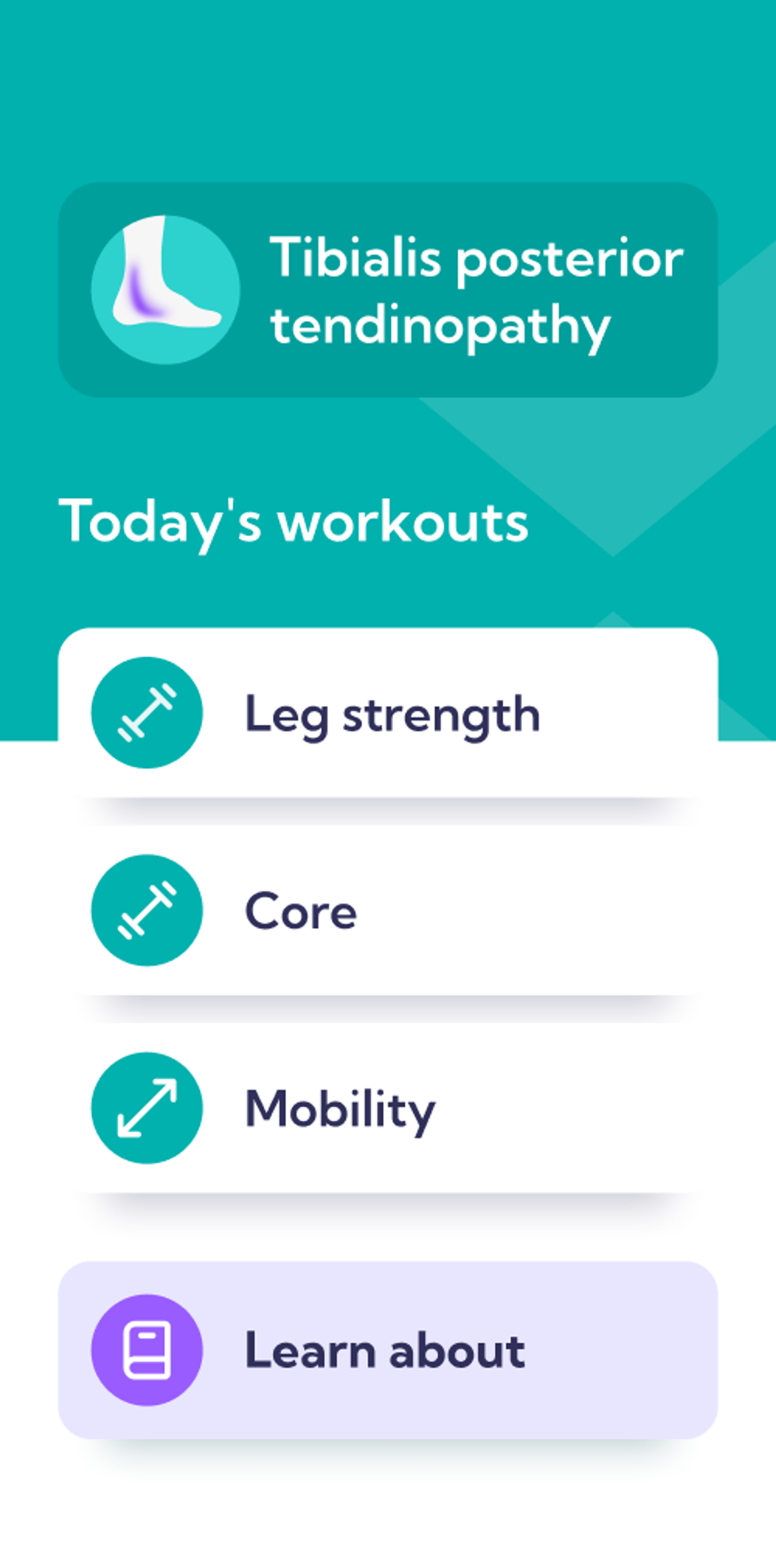 Screenshot of the tibialis posterior tendinopathy/tendonitis treatment plan in the Exakt app