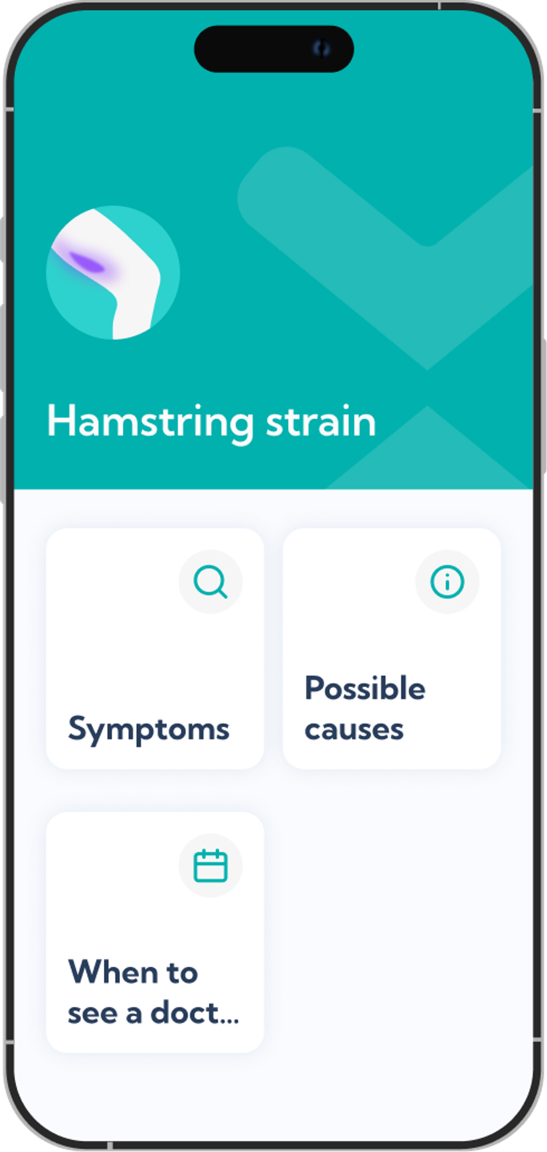 Hamstring strain treatment plan overview screen in the Exakt app.