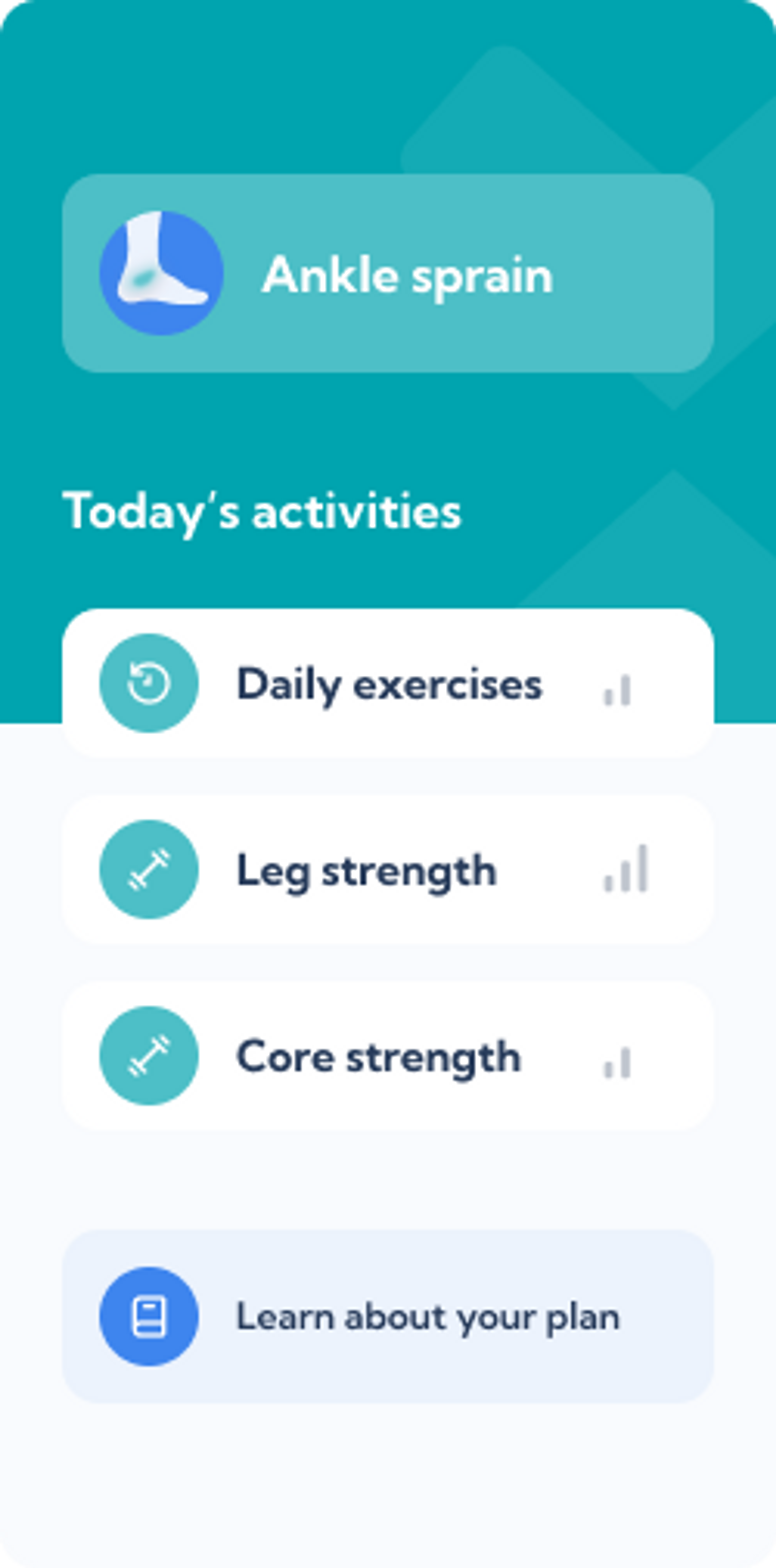 Ankle sprain treatment plan – Dashboard overview of the Exakt Health app