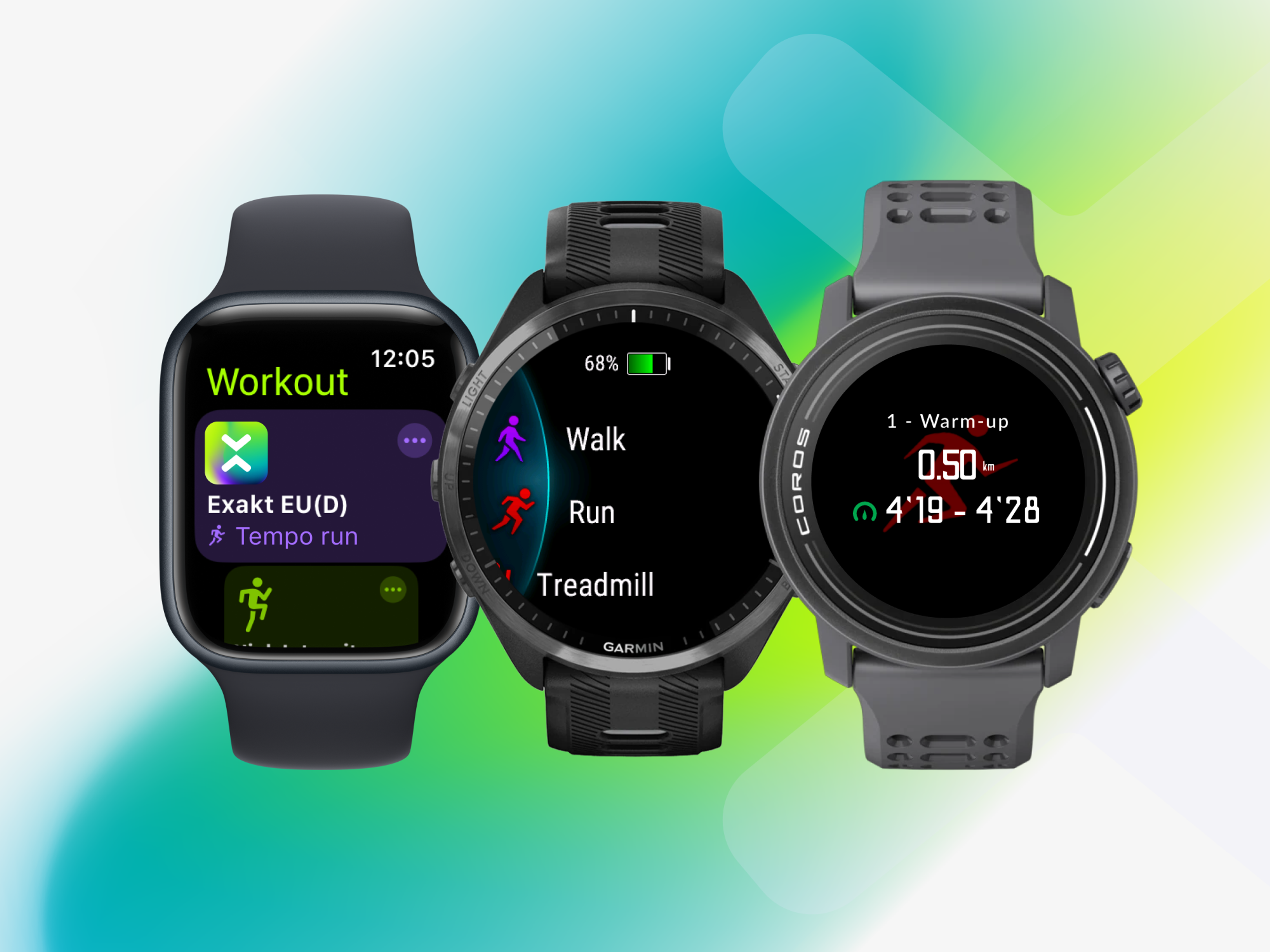 Apple watch, COROS watch, Garmin watch