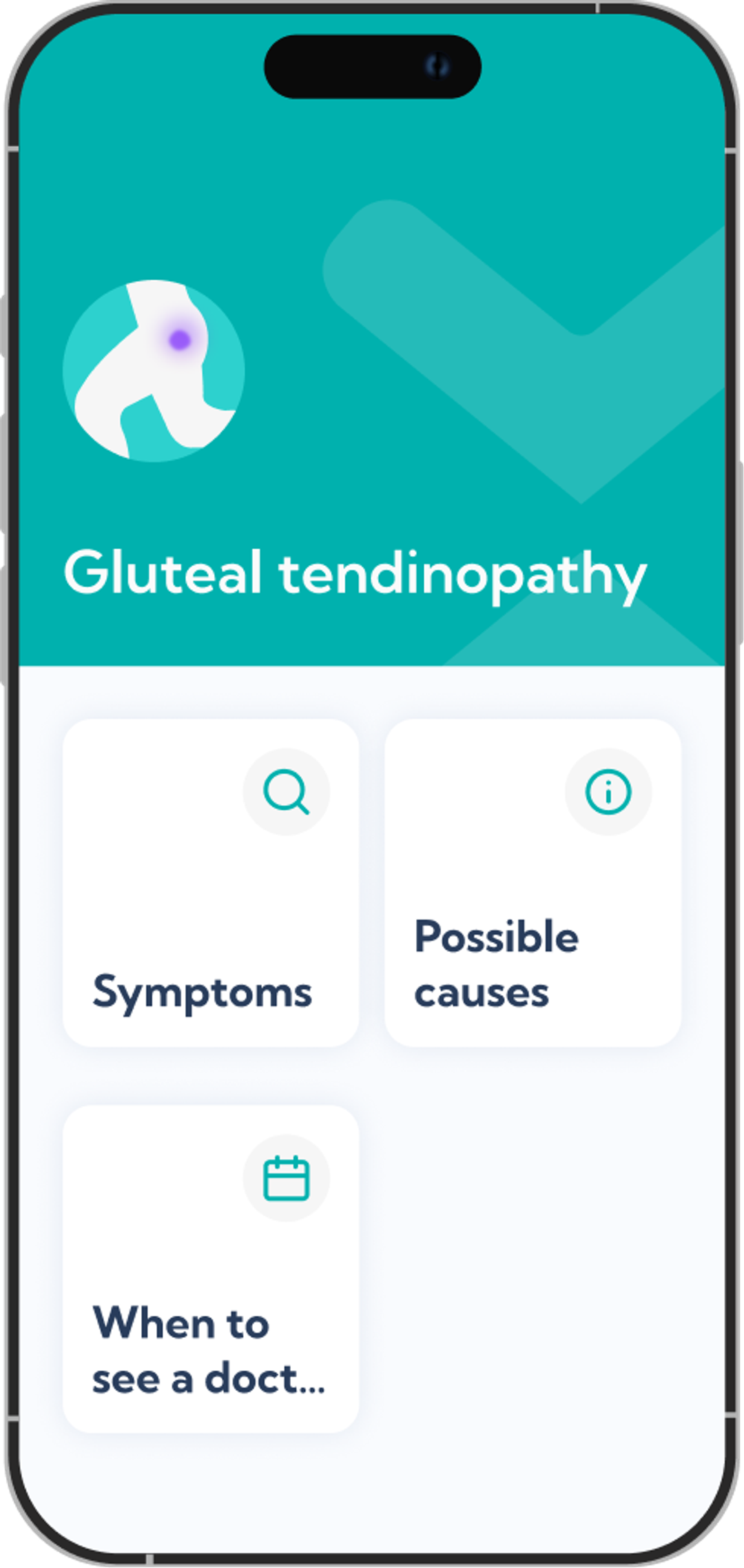 Gluteal tendinopathy treatment plan overview screen in the Exakt app.