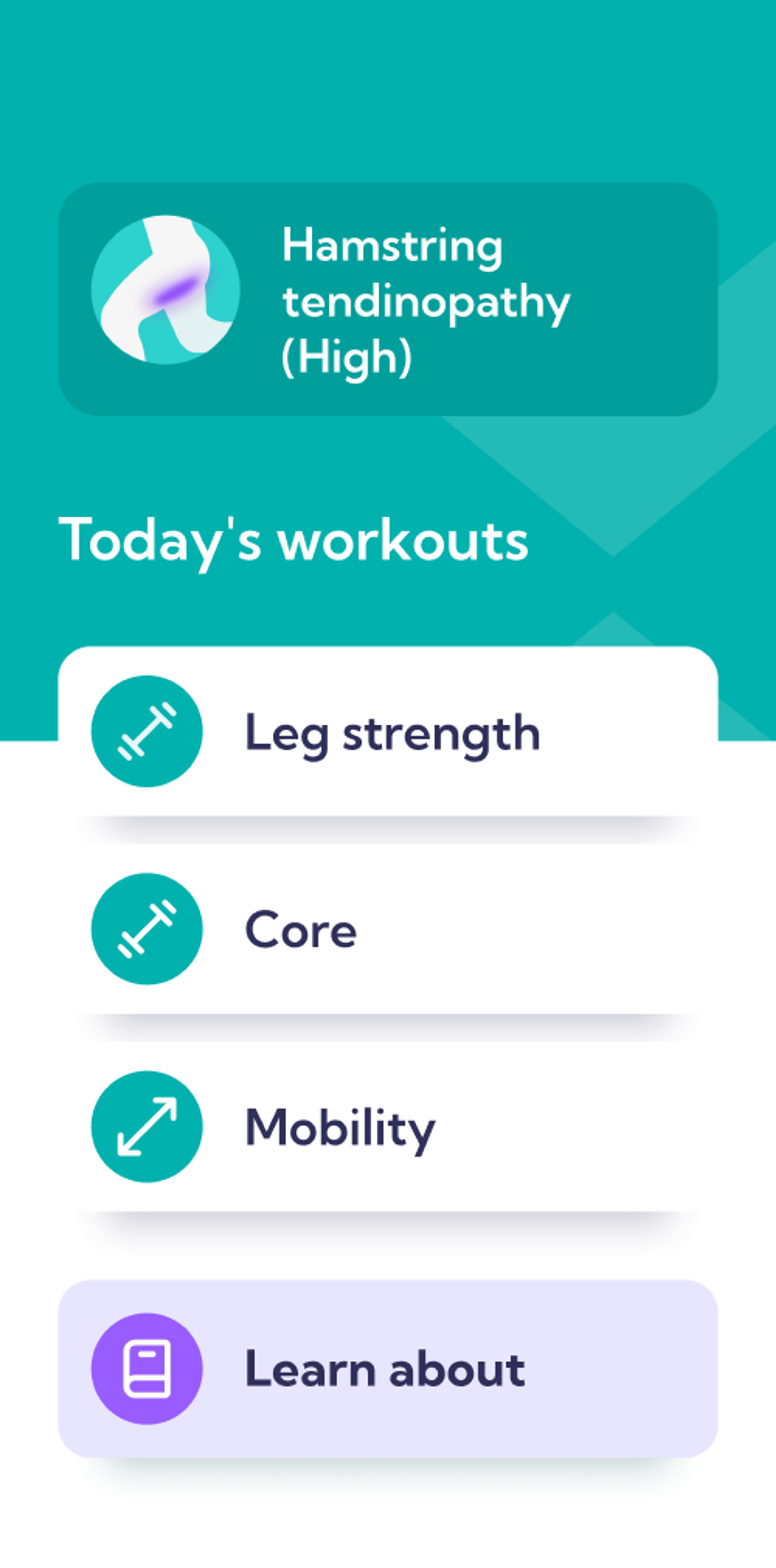 Picture of the main dashboard of the Exakt app showing the workouts in the High Hamstring Tendinopathy plan