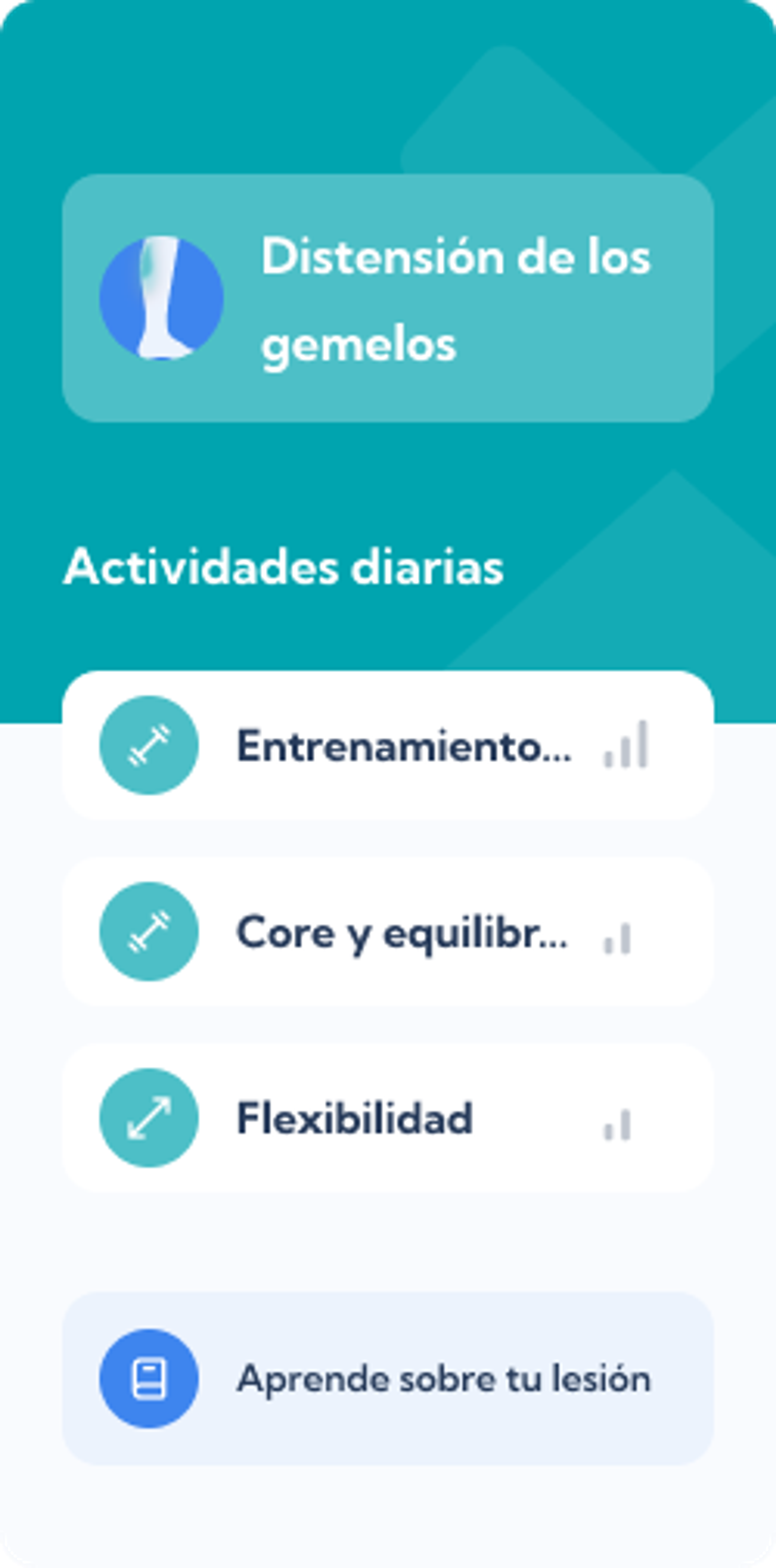 Plan de Distensión de los gemelos – Dashboard overview of the Exakt Health app