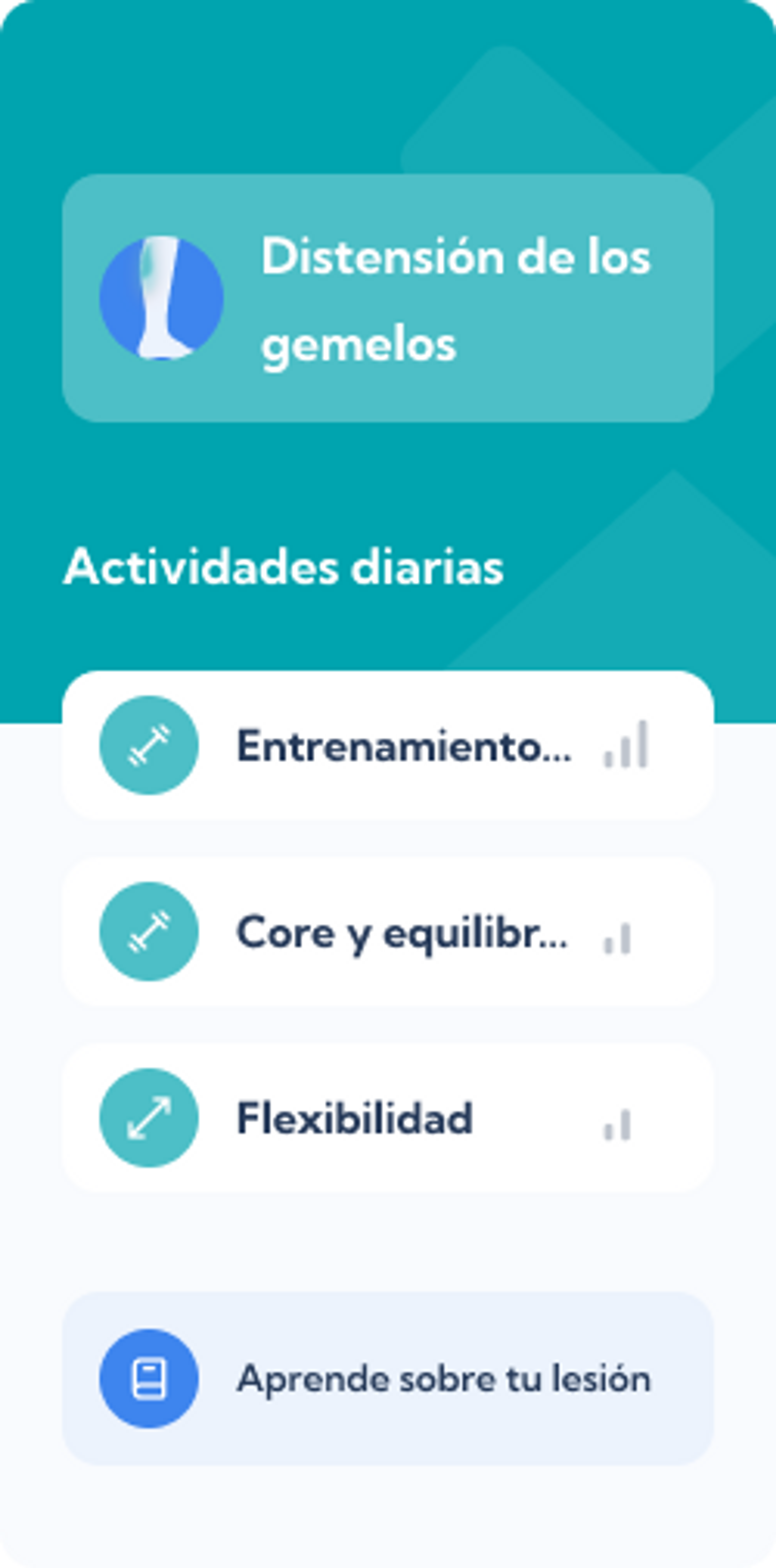 Plan de Distensión de los gemelos – Dashboard overview of the Exakt Health app