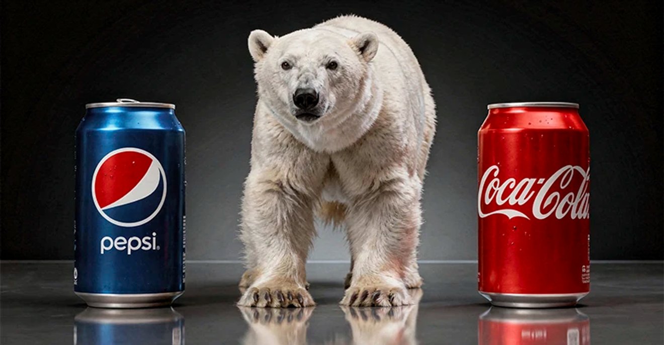 Urso polar entre latas de Pepsi e Coca-Cola representando rivalidade de marcas e estratégia de posicionamento no marketing