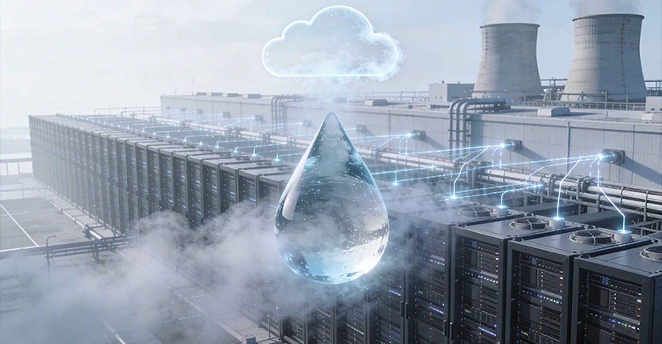 Data center industrial com servidores e torres de resfriamento, gota d’água e linhas de energia representando o consumo de água e eletricidade da inteligência artificial.