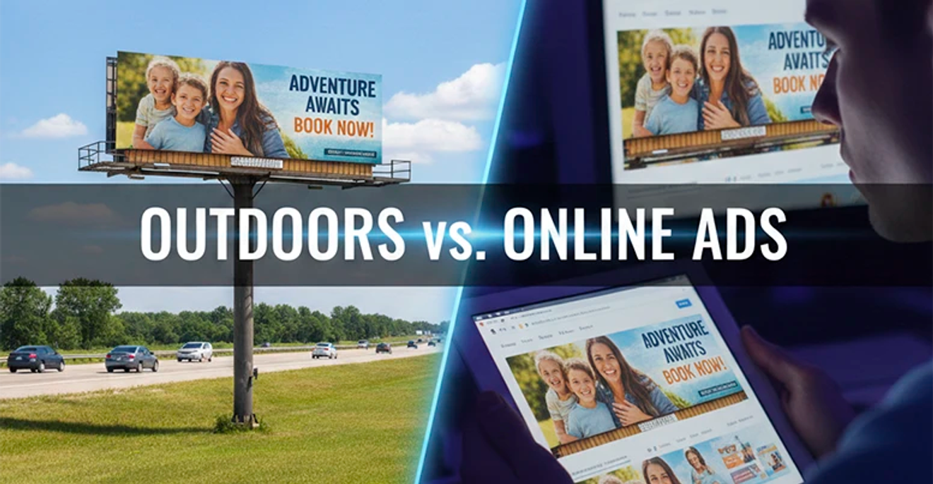 Comparação entre outdoor e anúncios online com outdoor em rodovia e tela mostrando campanha digital, com texto “Outdoors vs. Online Ads”