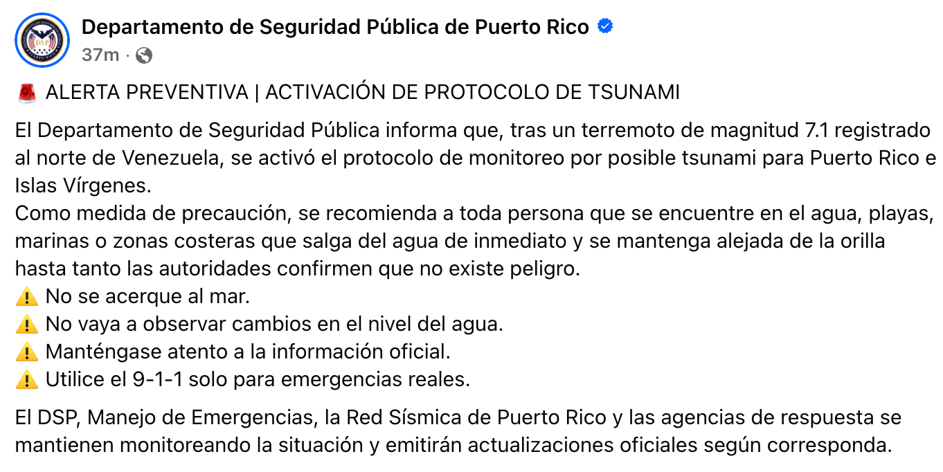 ALERTA PREVENTIVA | ACTIVACIÓN DE PROTOCOLO DE TSUNAMI