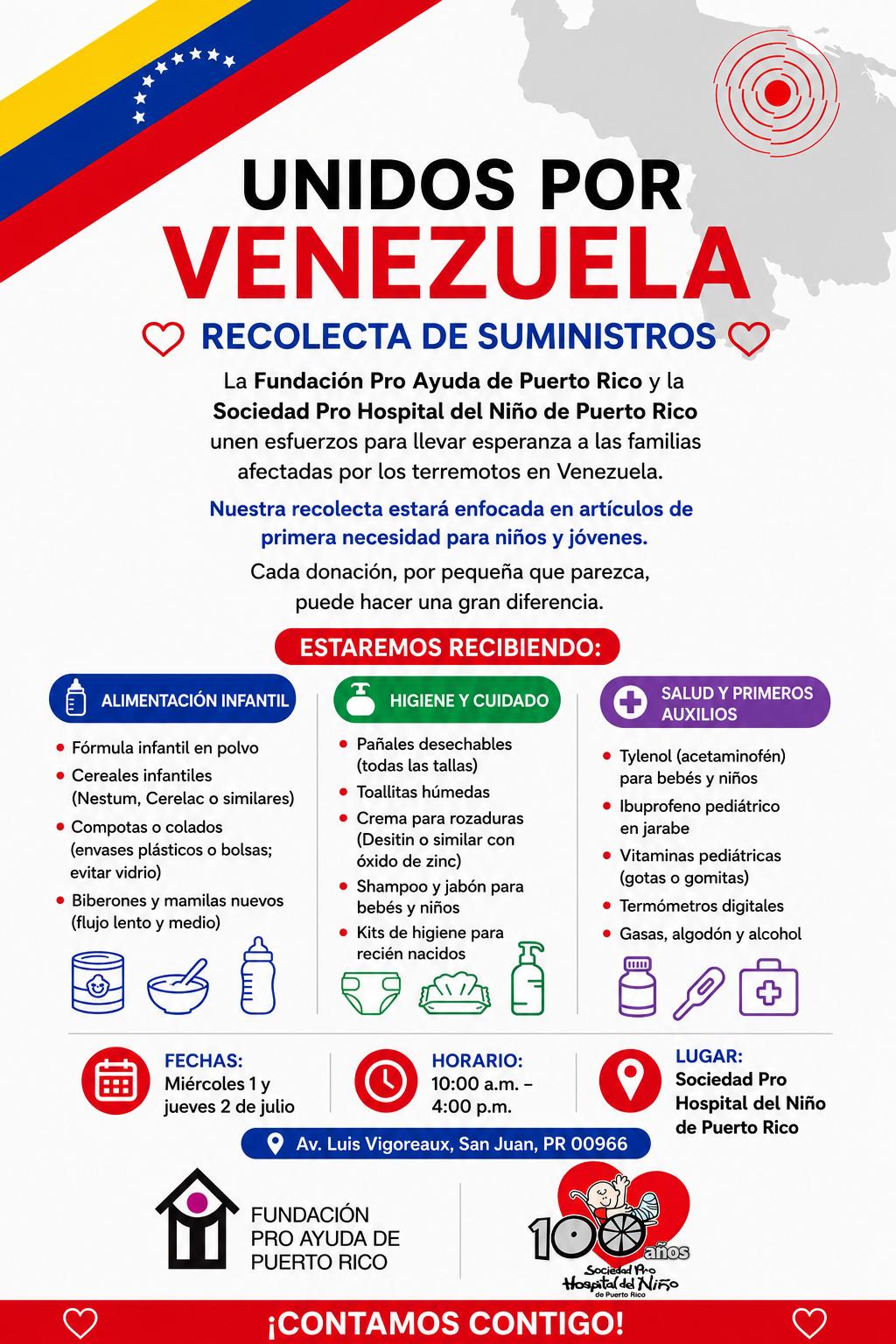 Fundación Pro Ayuda y Sociedad Pro Hospital del Niño recogen suministros para familias afectadas por sismos en Venezuela