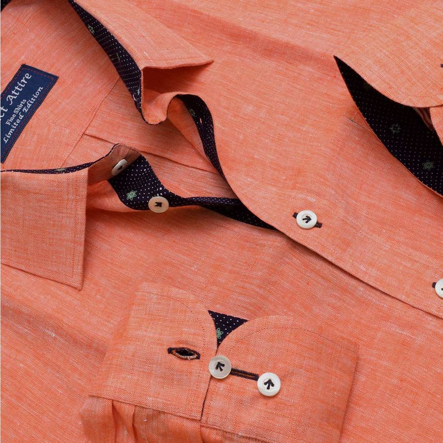 Orange Linen Shirt with White Mother of Pearl Buttons