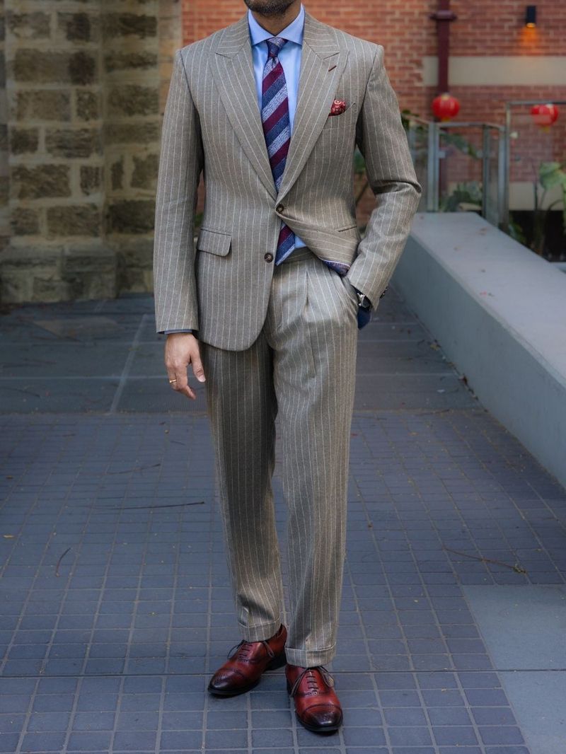Beige Striped Flannel Two Piece Suit