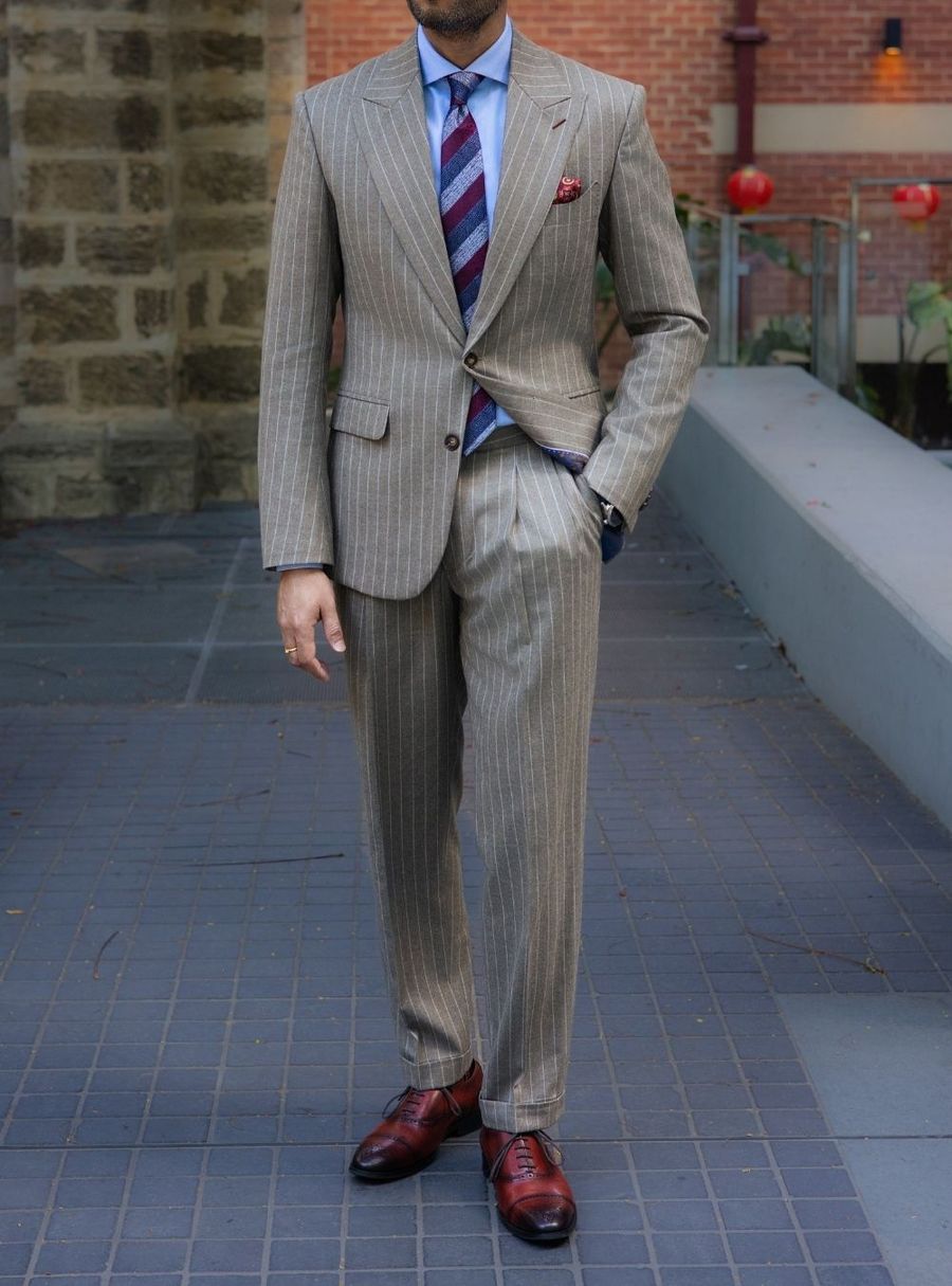 Beige Striped Flannel Two Piece Suit