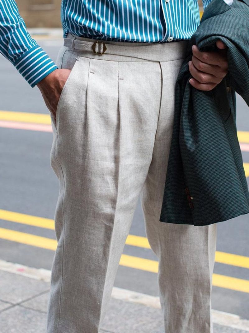 Beige Linen Tailor Made Trousers With A Half Gurkha Waistband