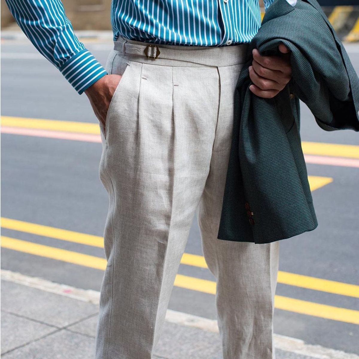 Beige Linen Tailor Made Trousers With A Half Gurkha Waistband