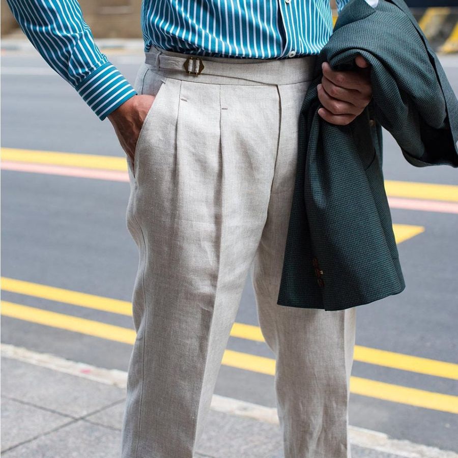 Beige Linen Tailor Made Trousers With A Half Gurkha Waistband